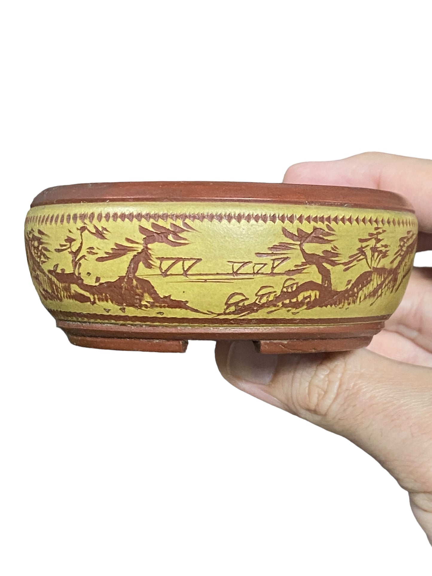 Bigei - Multicolor Carved Bowl Style Bonsai Pot (3-13/16" wide)