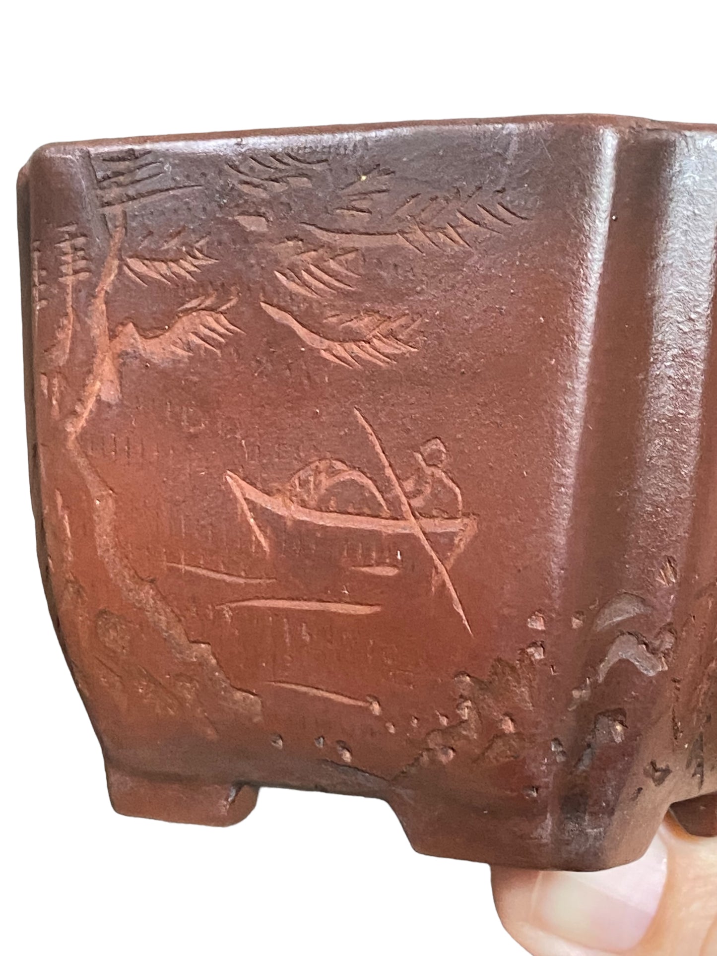 Bigei - Old Carved Semi-Cascade Style Bonsai Pot (3-1/16" wide)