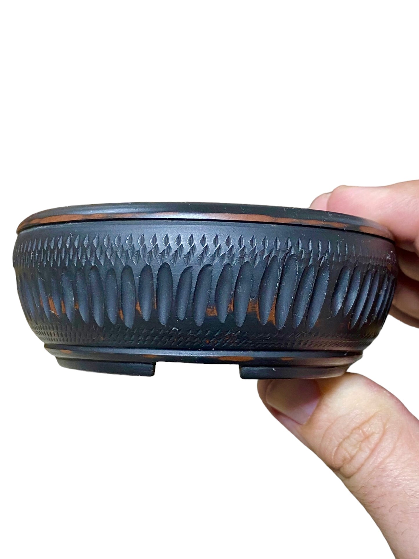 Bigei - Relief Carved Drum Style Bonsai or Accent Pot (3-7/8" wide)