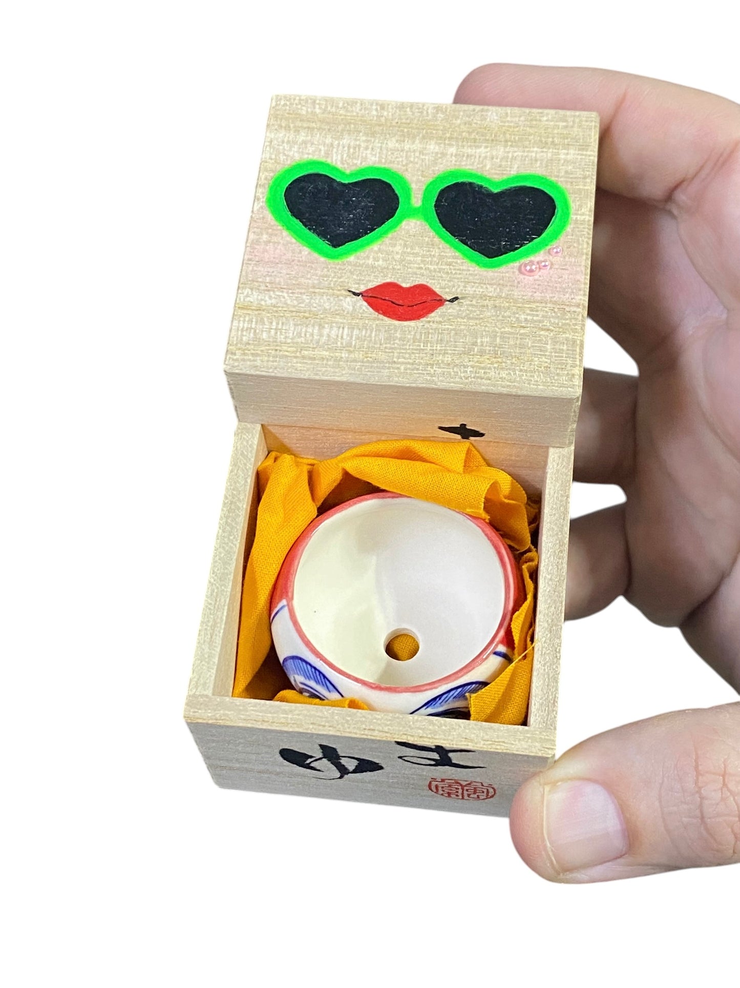 Oshima Mayu - Painted Daruma Mame Bonsai Pot with Cloth and Box (1-3/4" wide)