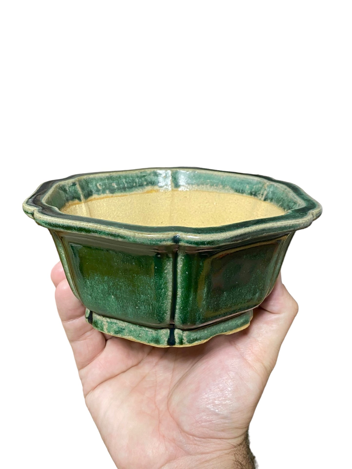 Shibakatsu - Green Glazed Traditional Flower Style Bonsai Pot (6-1/4" wide)