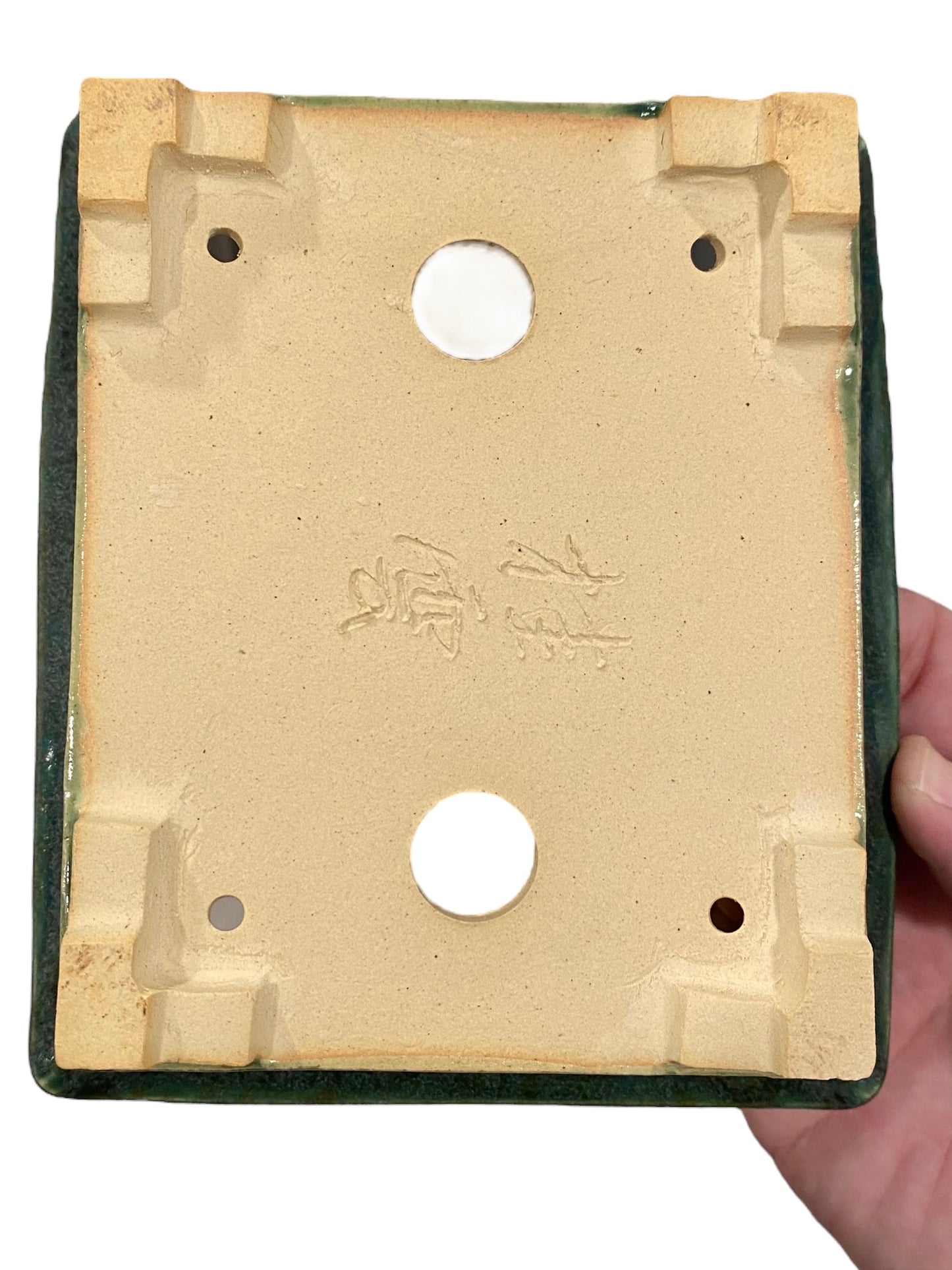 Fukuda Keiun - Shimmering Green Glazed Rectangle Bonsai Pot (6-1/4 wide)