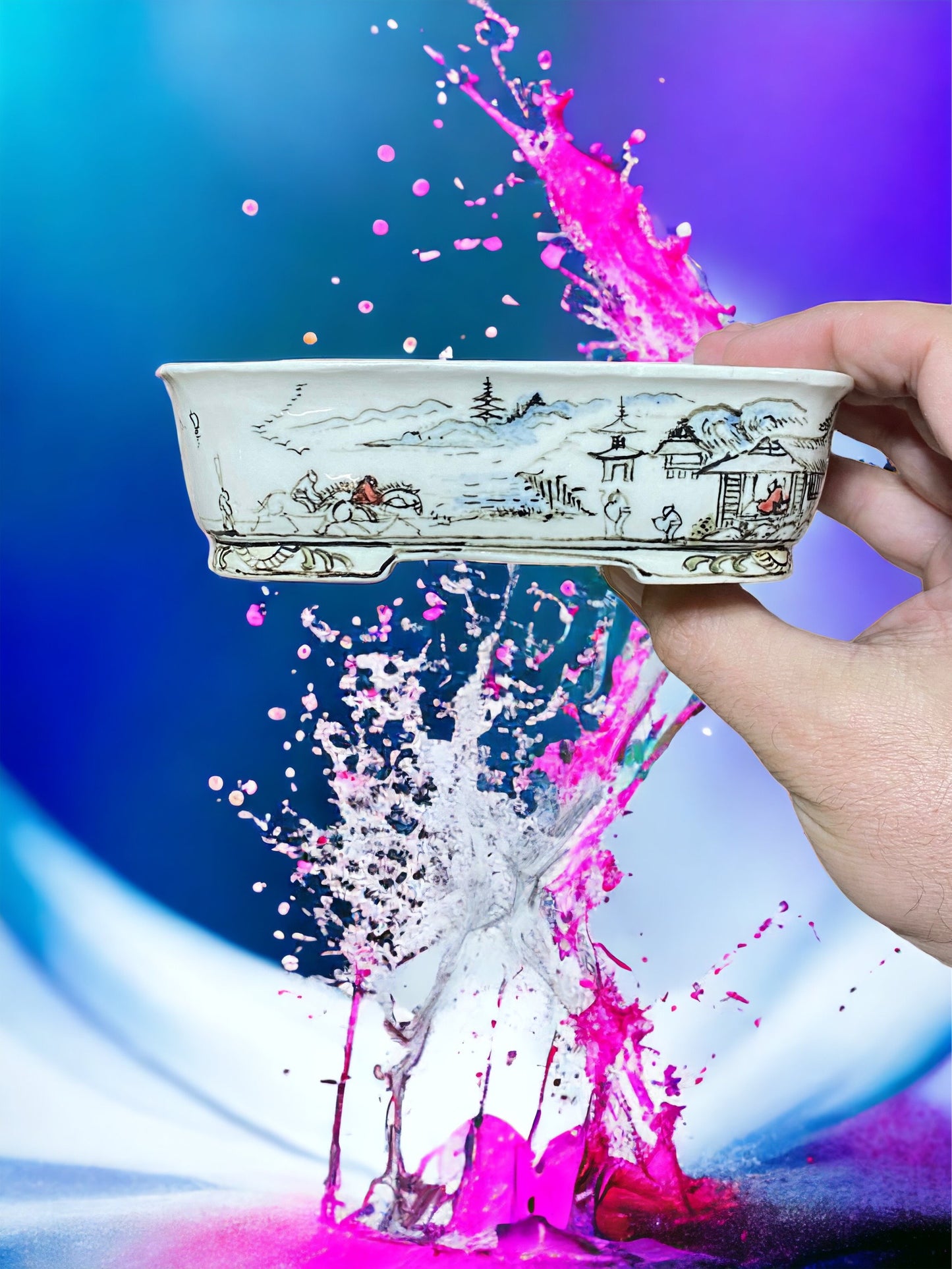 Joshu Katsuyama - Stellar Multi-Scene Painted Bonsai Pot (5-13/16" wide)