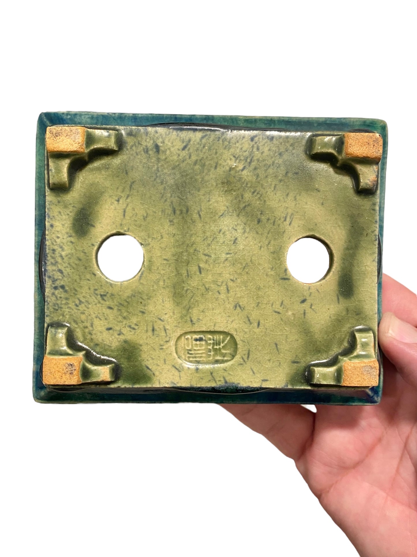 Fukushige Bushuan - Oribe Glazed Rectangle Bonsai Pot (5-3/16" wide)