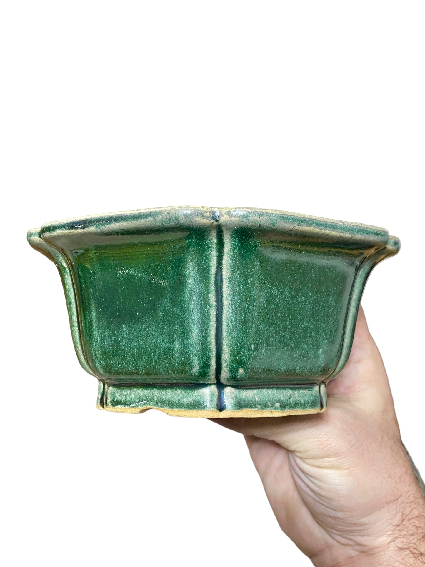 Shibakatsu - Green Glazed Traditional Flower Style Bonsai Pot (6-1/4" wide)