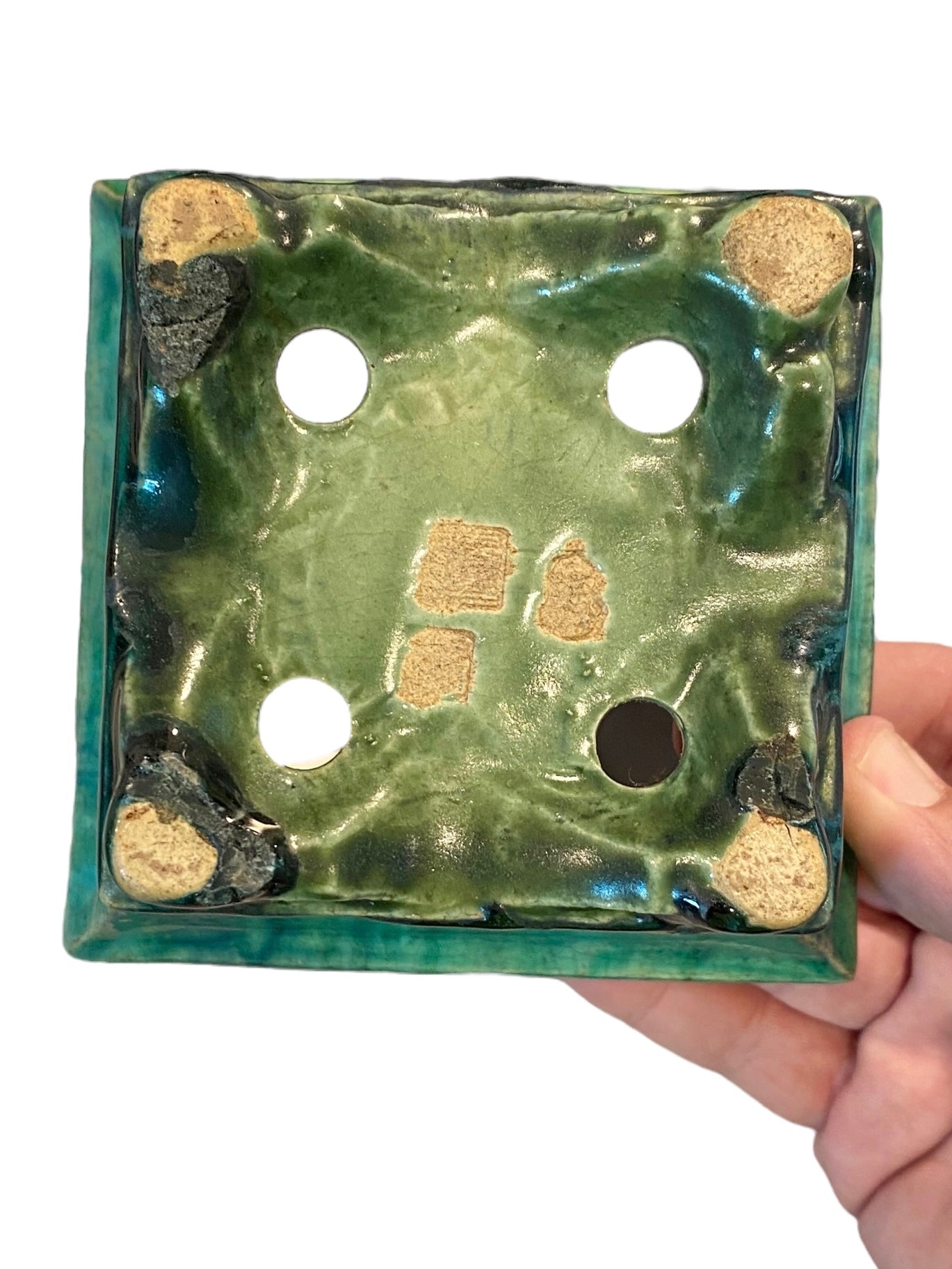 Fukushige Bushuan - Oribe Glazed Semi-Cascade Bonsai Pot (4-7/8" wide)