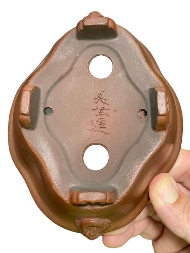 Bigei - Lion Carved Mokko Shaped Bonsai Pot (5-5/16" wide)