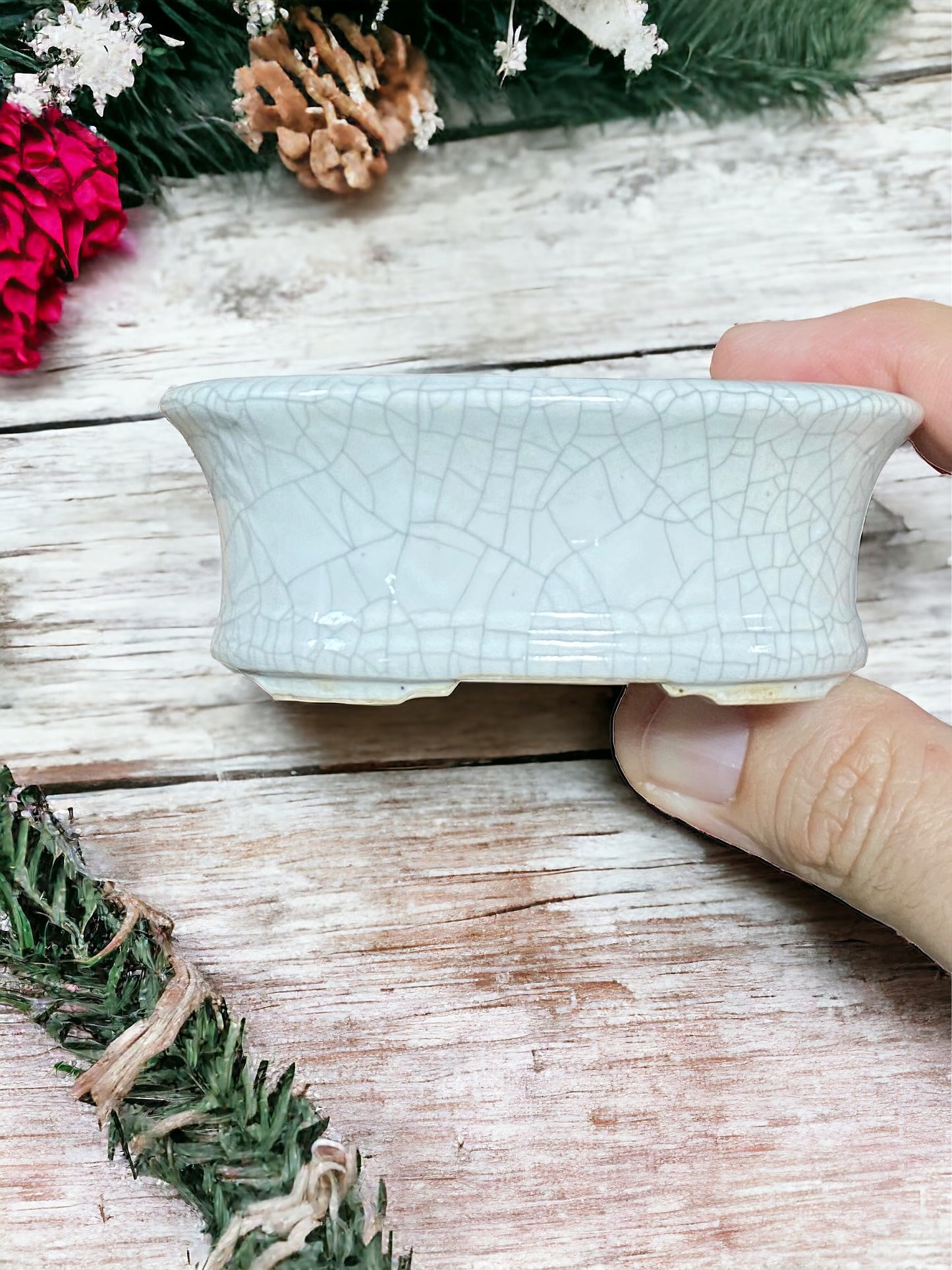 Eimei - White Crackle Glazed Oval Bonsai Pot (3-1/2" wide)