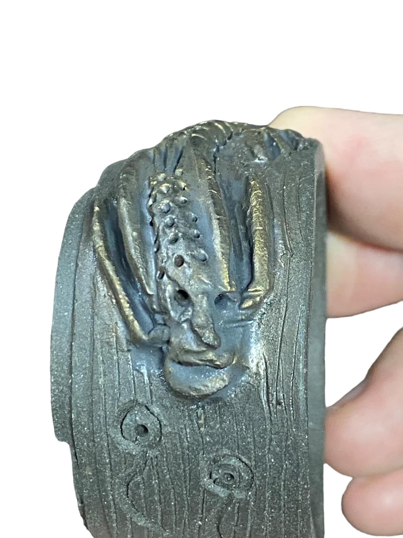 Takudo - Relief Carved Glazed Dragon Mame Bonsai or Accent Pot (2-3/16" wide)