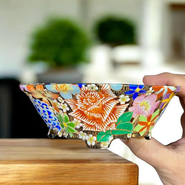 Kutani / Aikawa Shiho - Quality Hand-painted Mokko Bonsai Pot (5-7/8" wide)