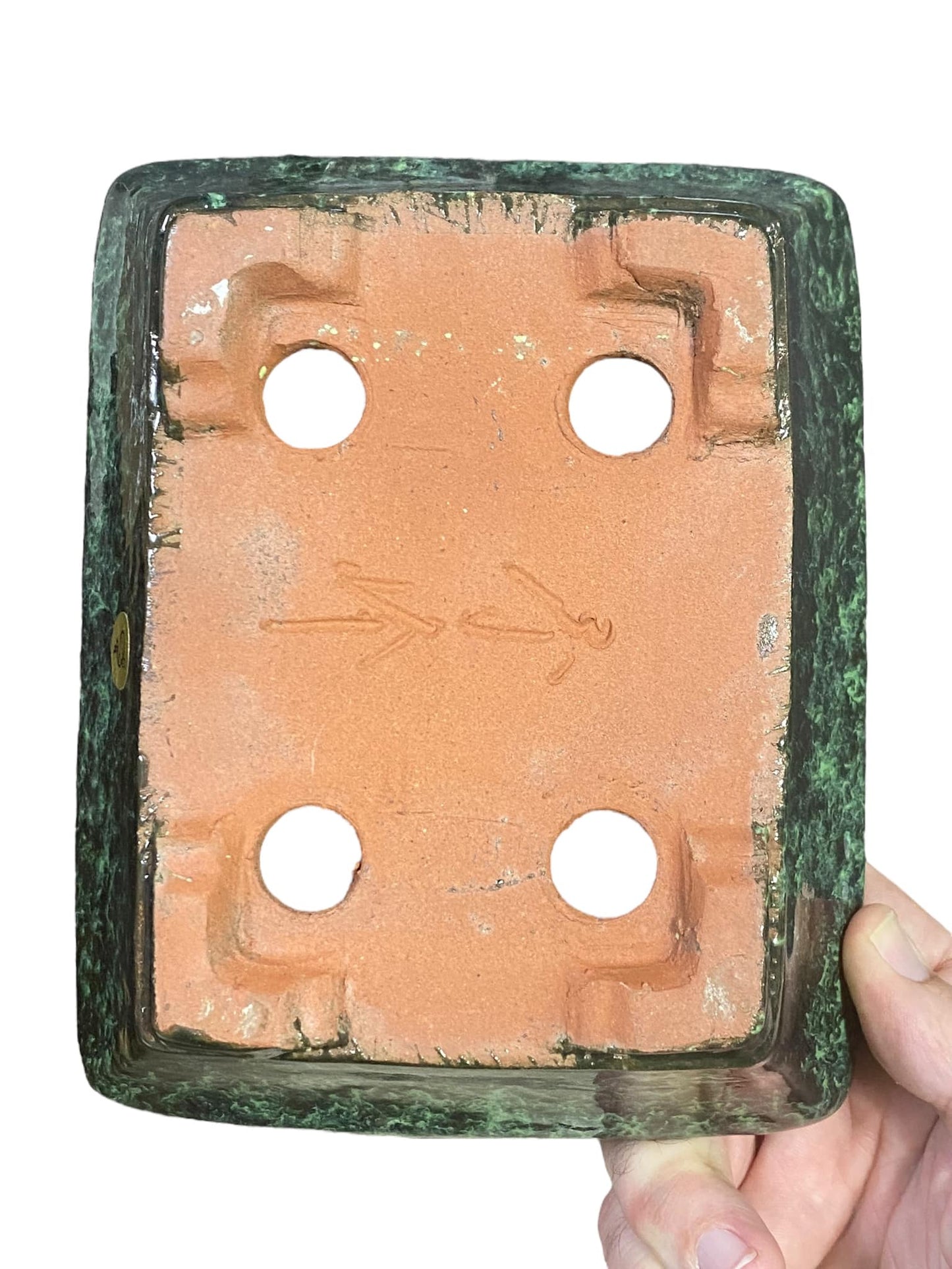 Shuho - Exquisite Multicolor Green Glazed Rectangle Bonsai Pot (7-1/4" wide)