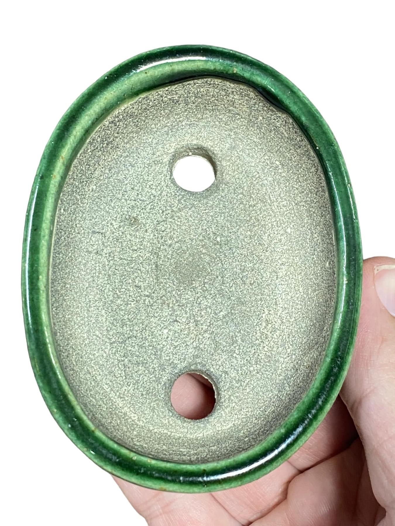 Satomi Terahata - Green and Yellow Crackle Oval Pot (3-3/4” wide)