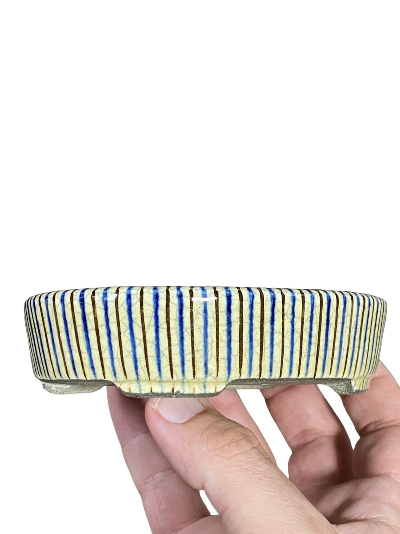 Satomi Terahata - Wonderful Crackle Glazed and Striped Bonsai Pot (5-1/8” wide)
