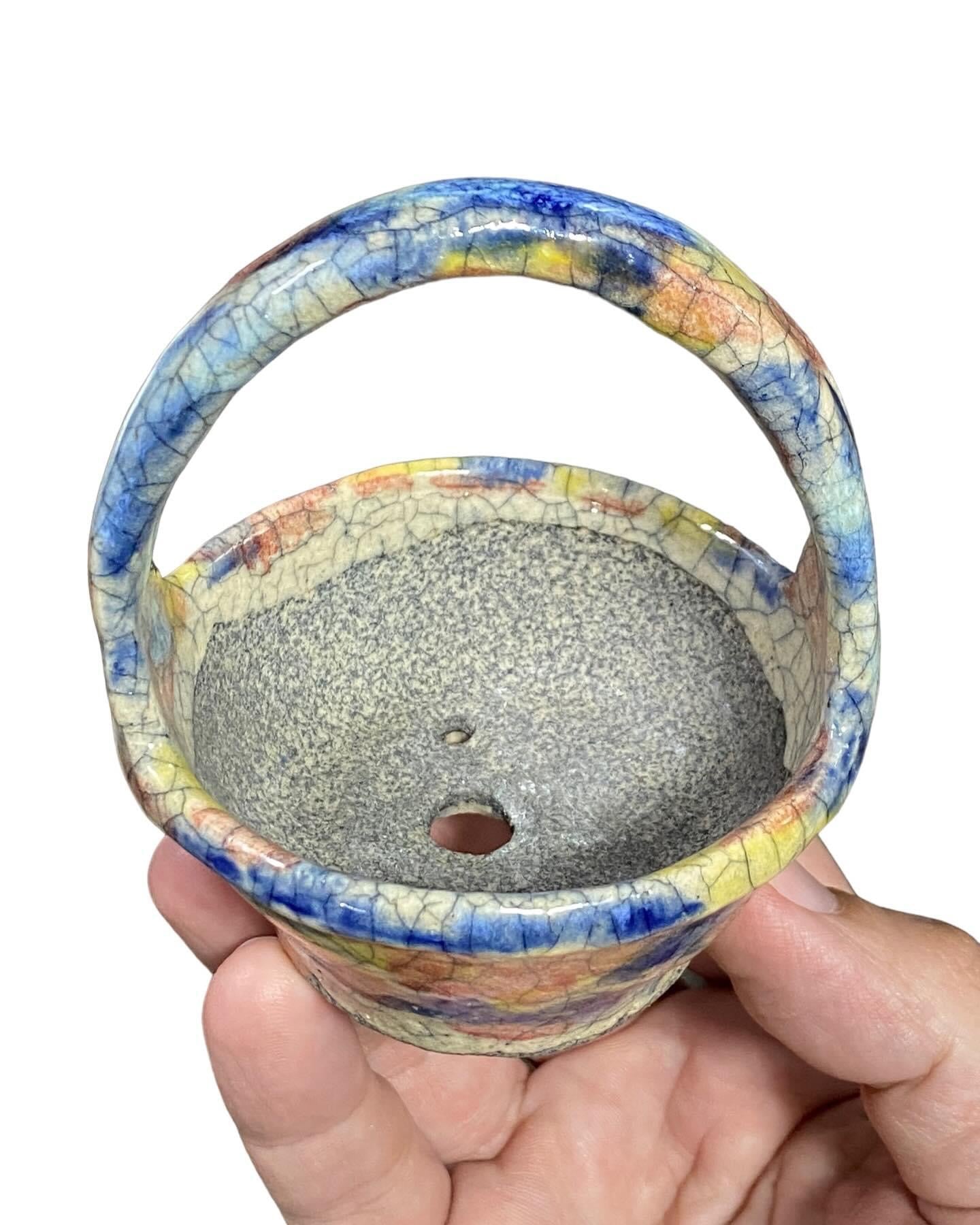 Bunzan - Crackle Glaze Flower Basket Bonsai or Accent Pot (3-1/16” wide)