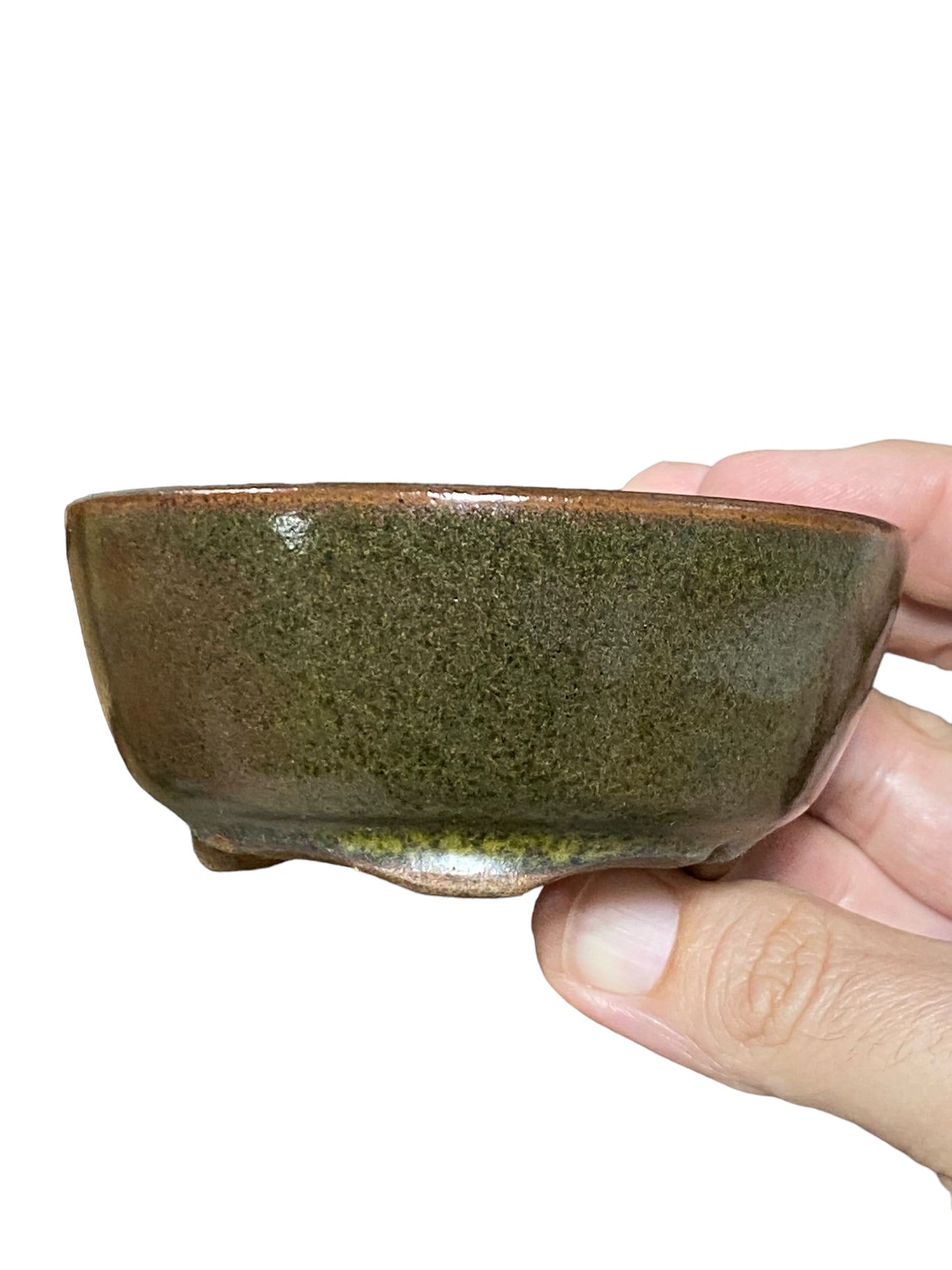 Isso - Green and Red Glazed Bowl Bonsai or Accent Pot (3-7/8" wide)