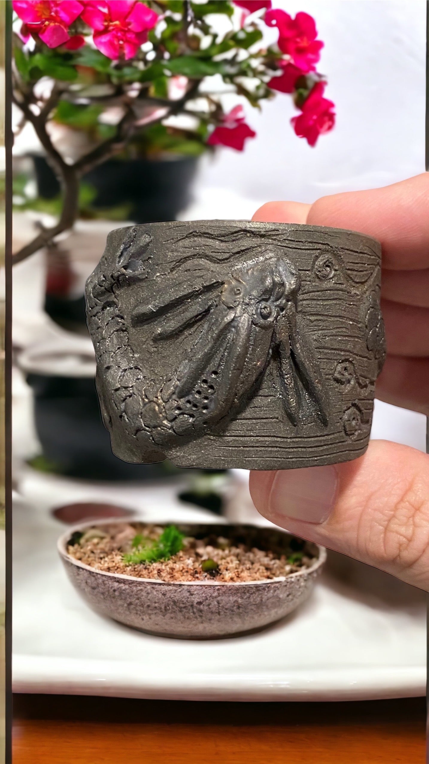 Takudo - Unglazed Dragon Mame Bonsai or Accent Pot (2" wide)