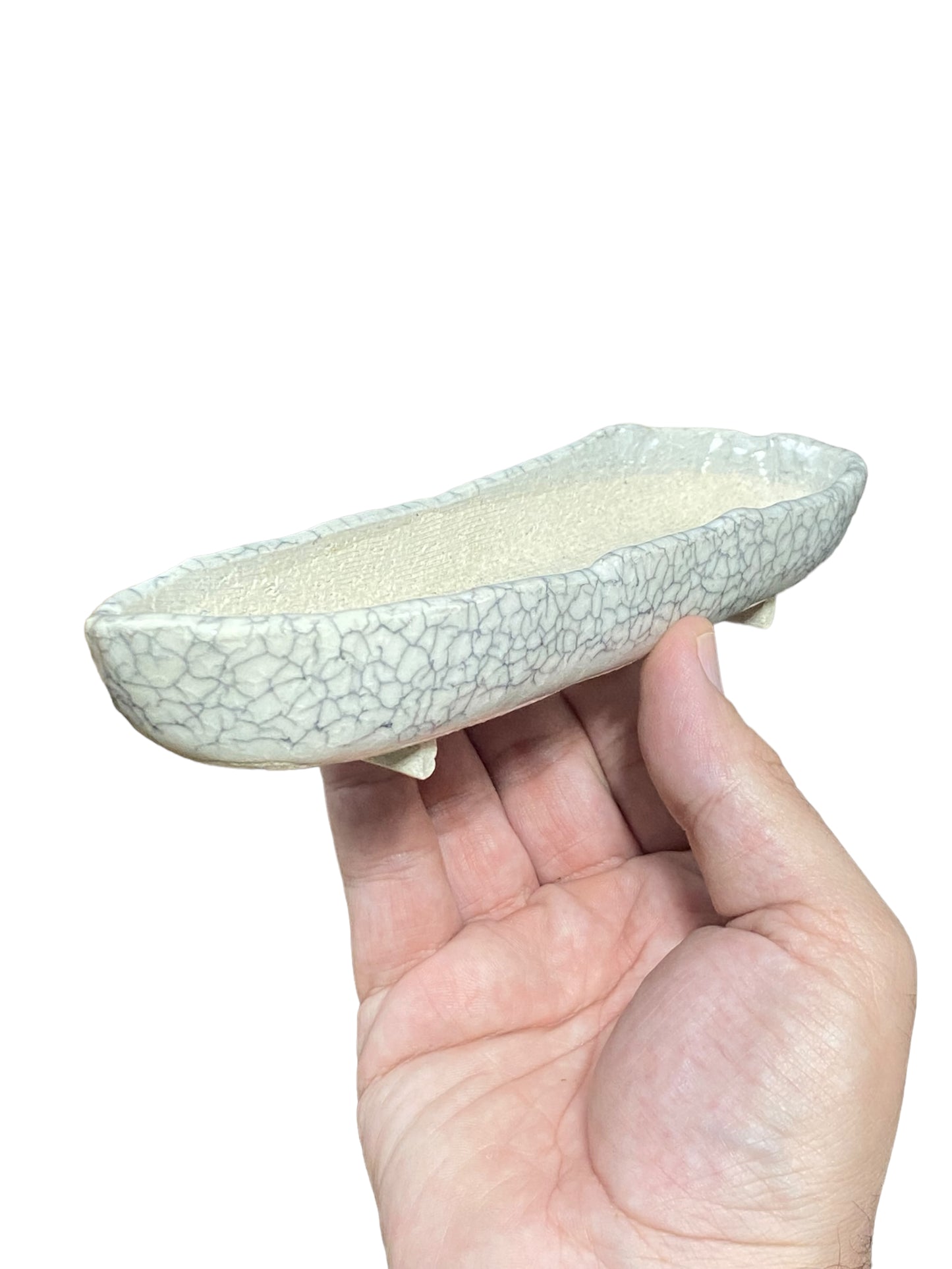 Shibakatsu - White Crackle Glazed Oval Style Bonsai Pot (8-1/8" wide)