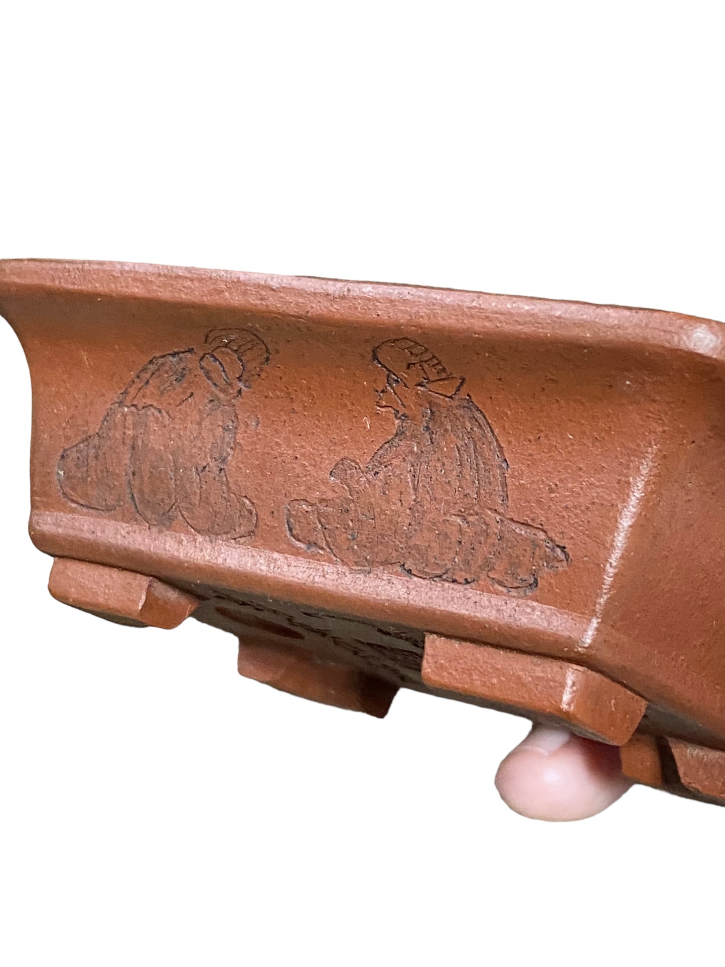 Maruhei - Relief Carved Footed Rectangle Style Bonsai Pot (3-15/16" wide)