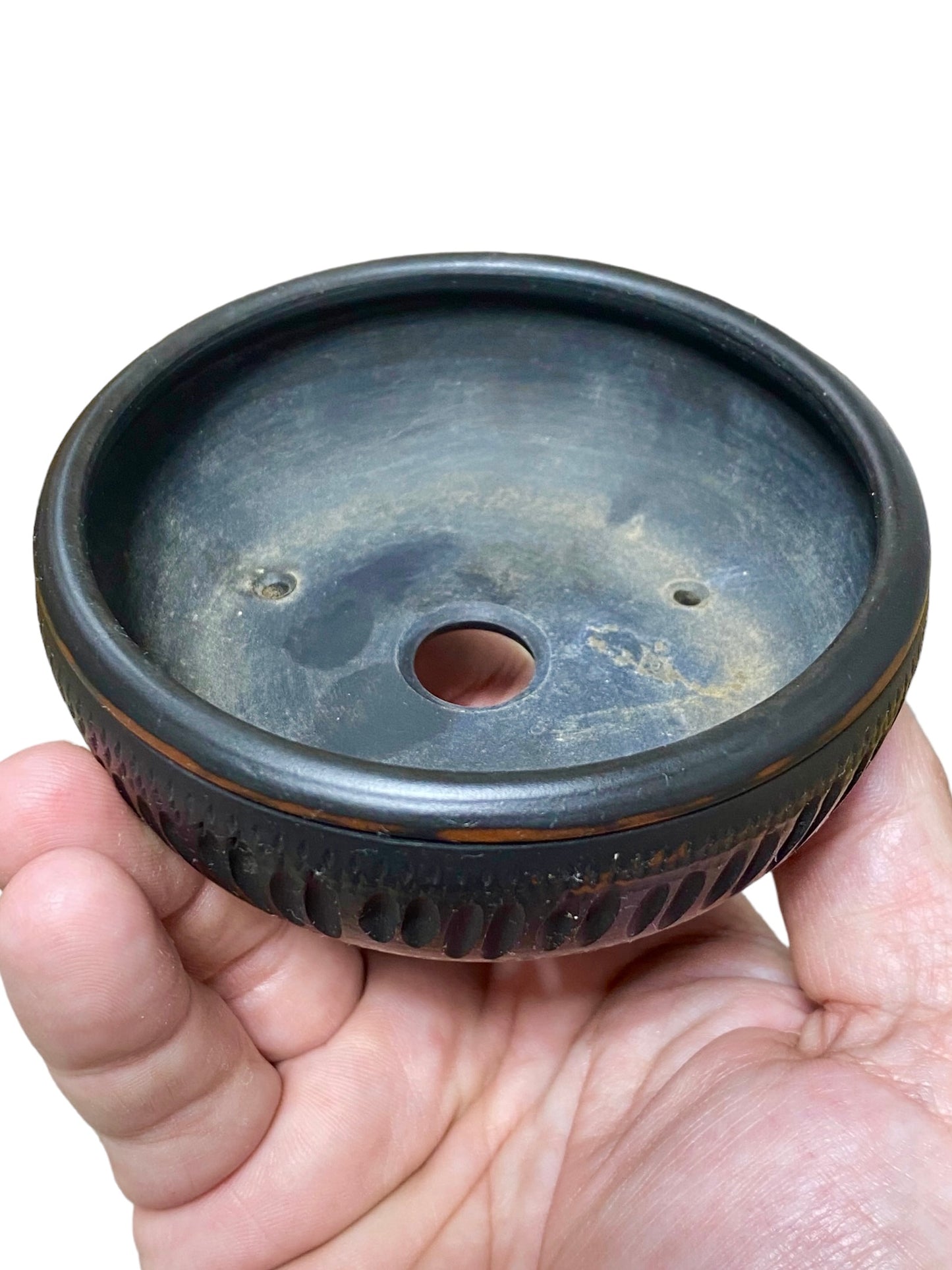 Bigei - Relief Carved Drum Style Bonsai or Accent Pot (3-7/8" wide)