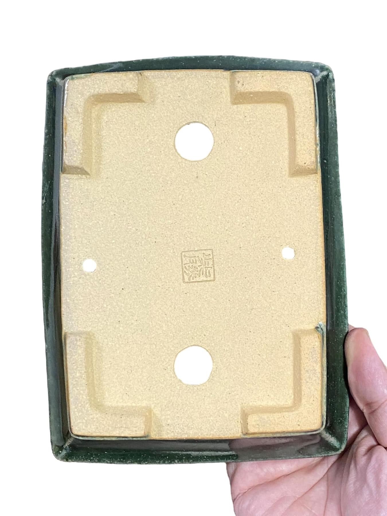 Shibakatsu - Shimmering Green Glazed Rectangle Bonsai Pot (7-1/2” wide)