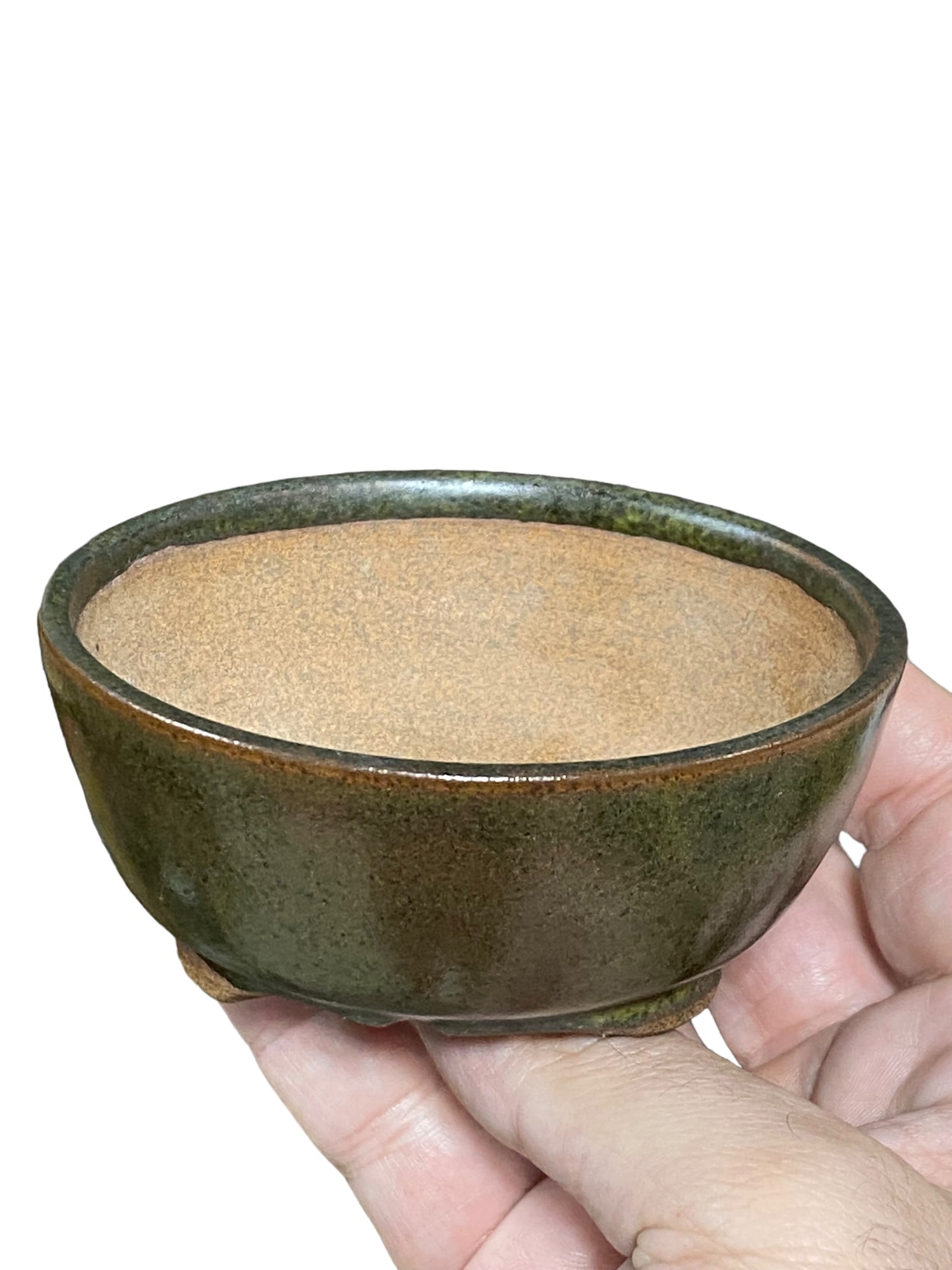 Isso - Green and Red Glazed Bowl Bonsai or Accent Pot (3-7/8" wide)
