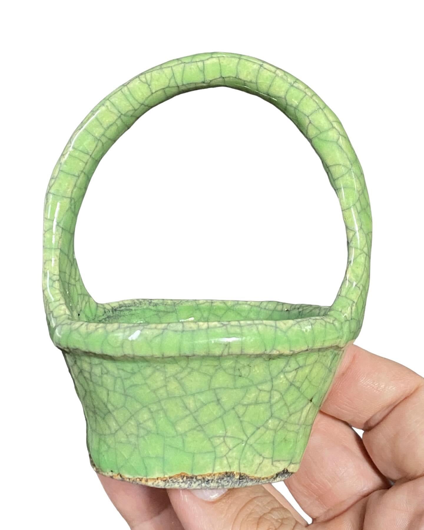 Bunzan - Crackle Glazed Flower Basket Bonsai or Accent Pot (3” wide)