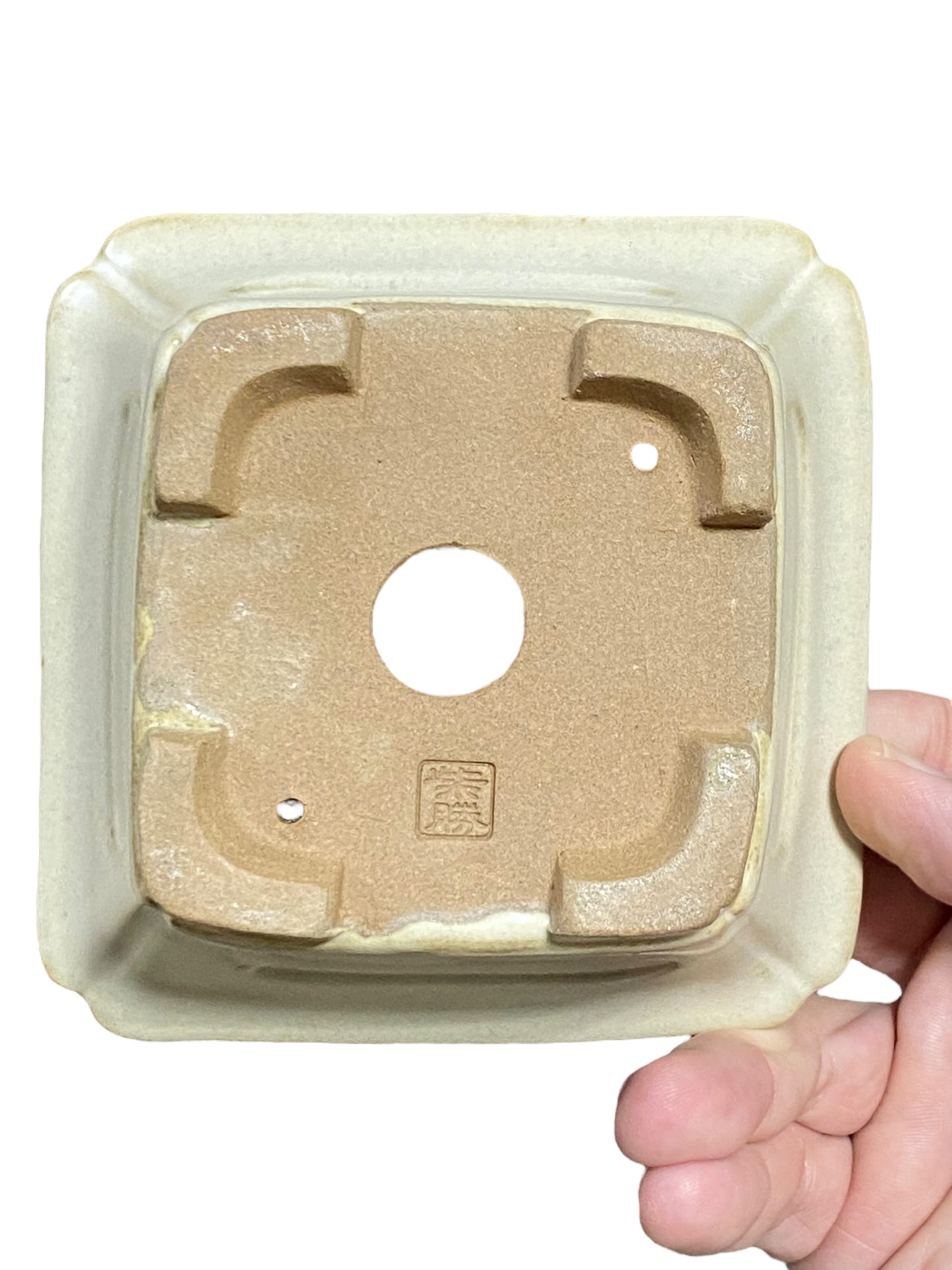 Shibakatsu - Cream Glazed Square Semi-Cascade Style Bonsai Pot (4-13/16" wide)