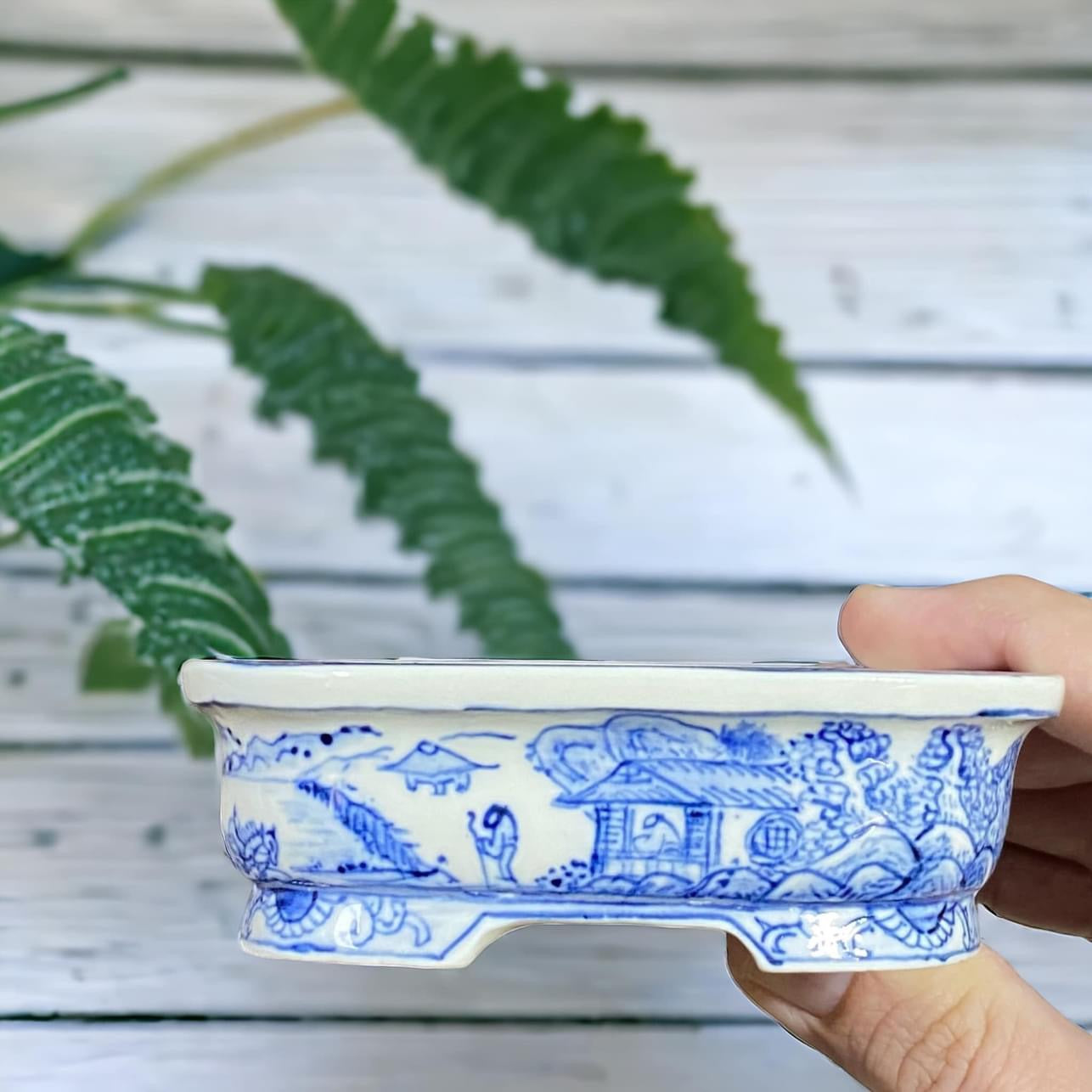 Joshu Katsuyama - Rare Exhibition Quality Painted Blue Bonsai Pot (4-1/8" wide)