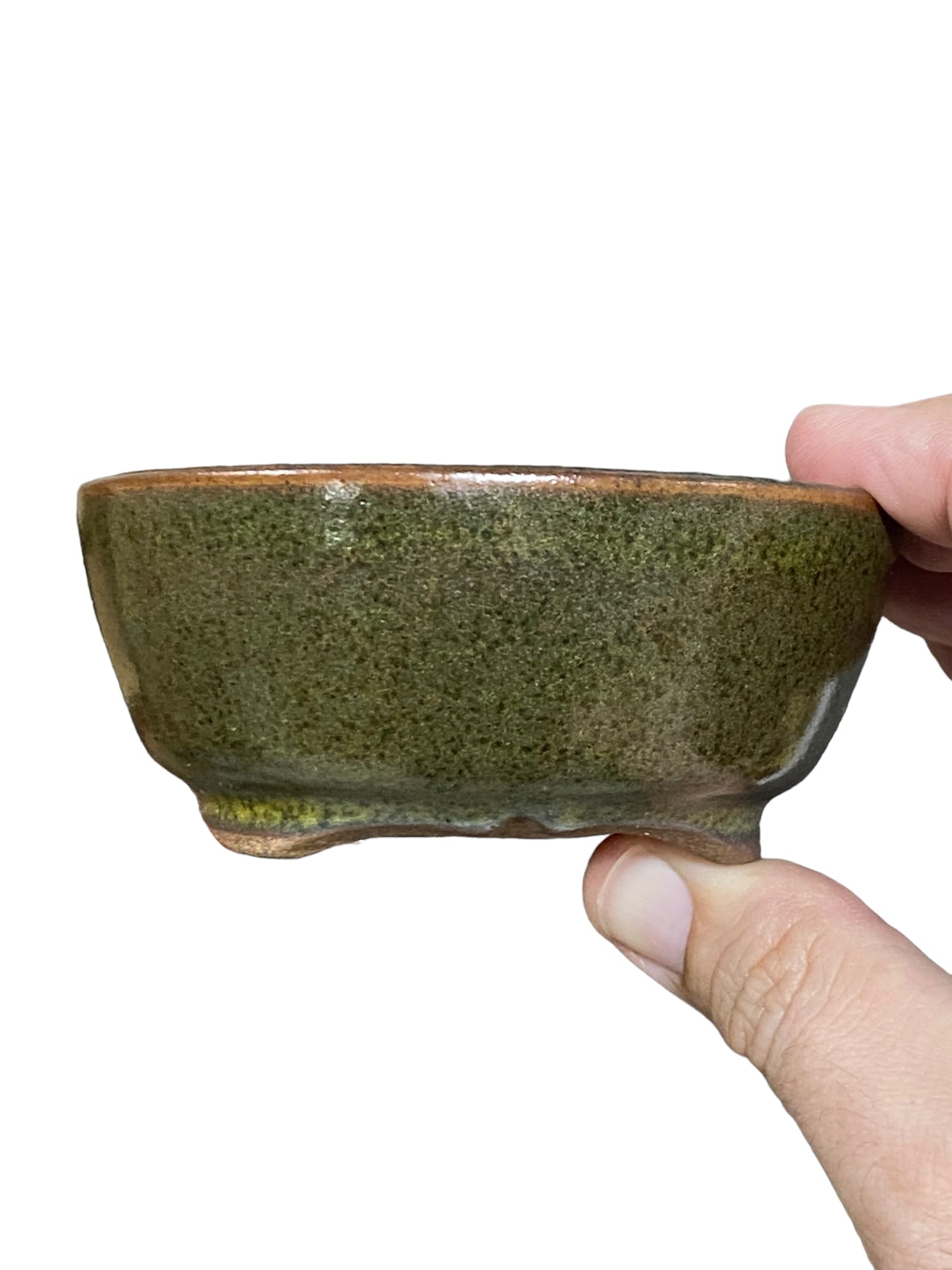 Isso - Green and Red Glazed Bowl Bonsai or Accent Pot (3-7/8" wide)