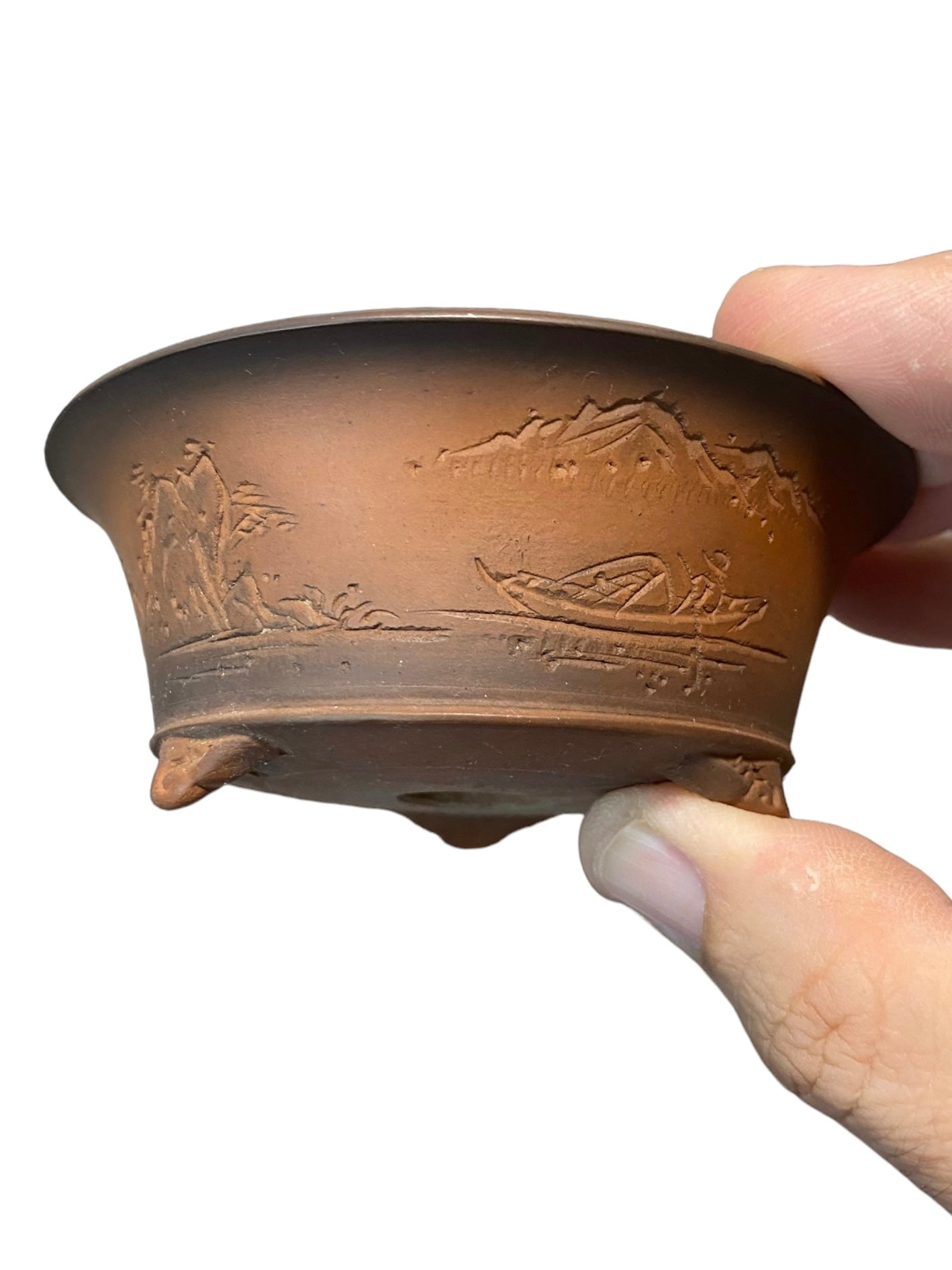 Bigei - Relief Carved Drum Style Bonsai or Accent Pot (3-3/4" wide)
