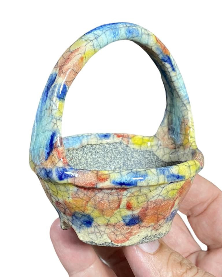Bunzan - Crackle Glaze Flower Basket Bonsai or Accent Pot (3-1/16” wide)