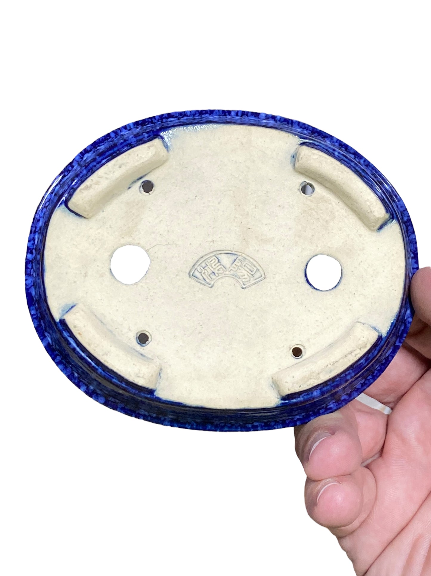 Koyo - Blue & White Glazed Shohin Oval Bonsai Pot (4-3/4" wide)