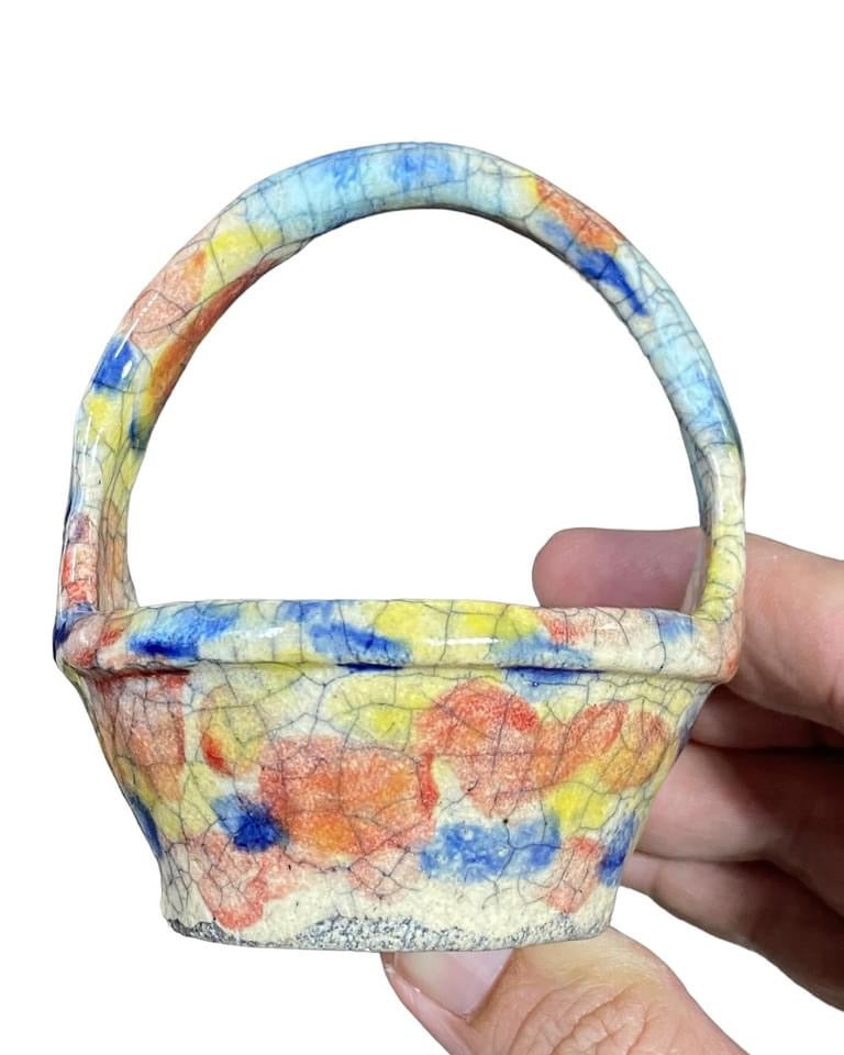 Bunzan - Crackle Glaze Flower Basket Bonsai or Accent Pot (3-1/16” wide)