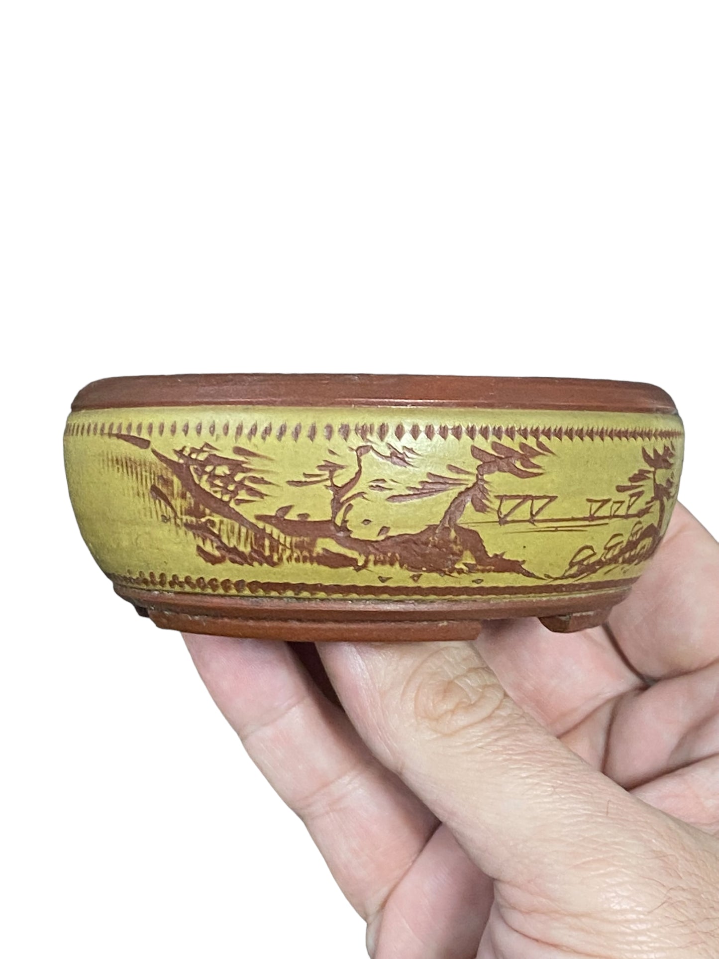 Bigei - Multicolor Carved Bowl Style Bonsai Pot (3-13/16" wide)