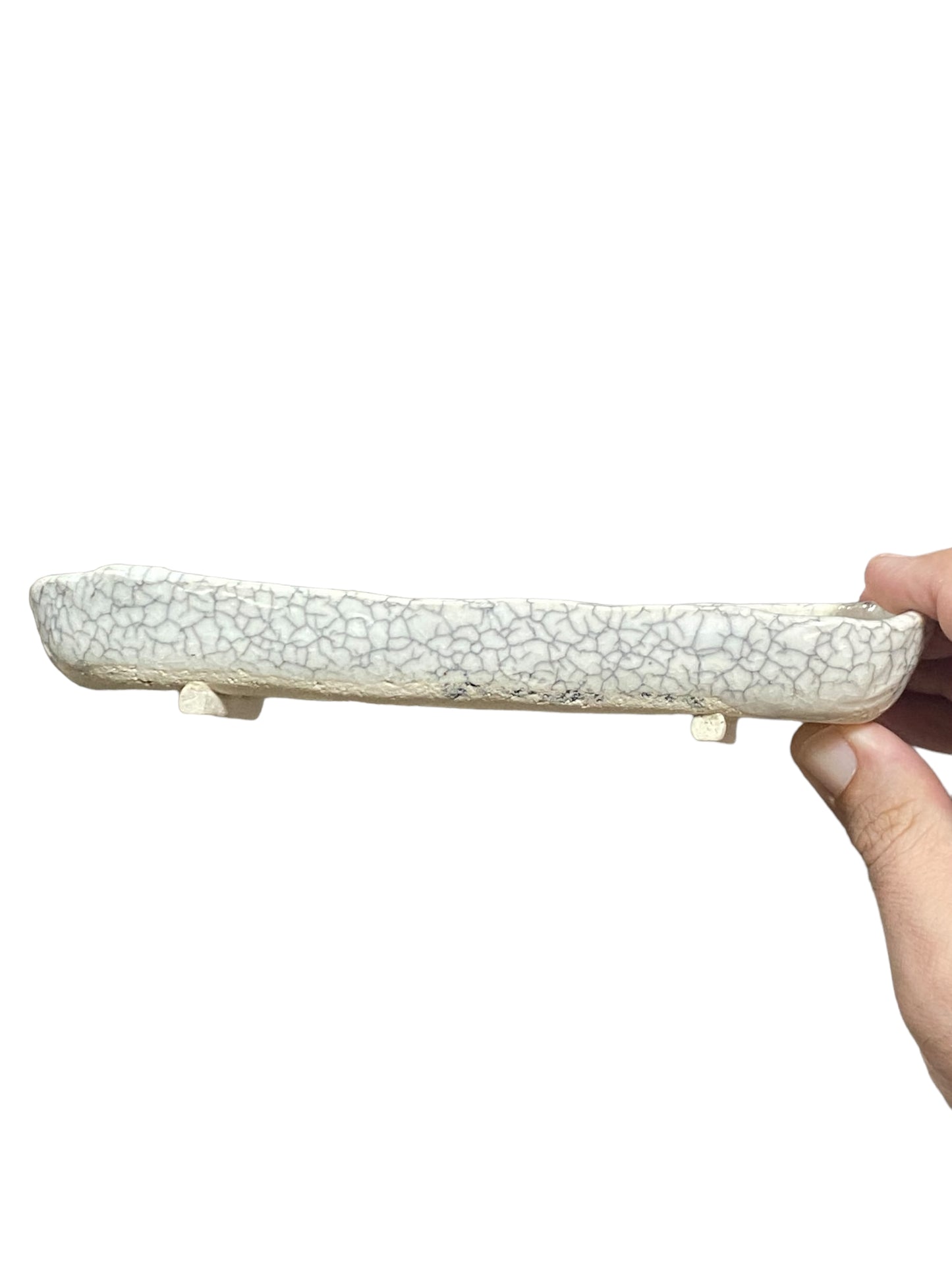 Shibakatsu - White Crackle Glazed Oval Style Bonsai Pot (8-1/8" wide)