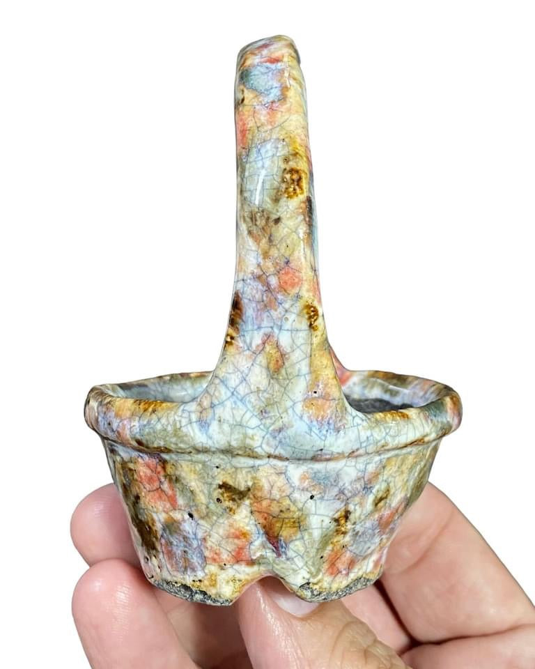 Bunzan - Small Crackle Glazed Flower Basket Bonsai or Accent Pot (2-11/16” wide)