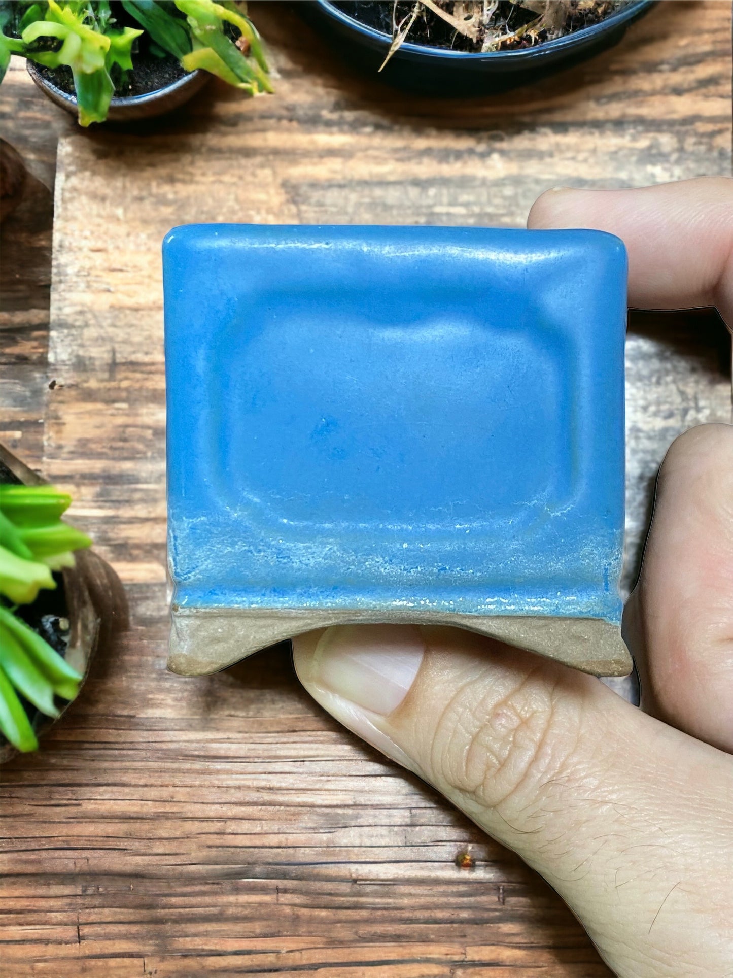 Tosui - Aged Glazed Footed Square Bonsai Pot (2" wide)