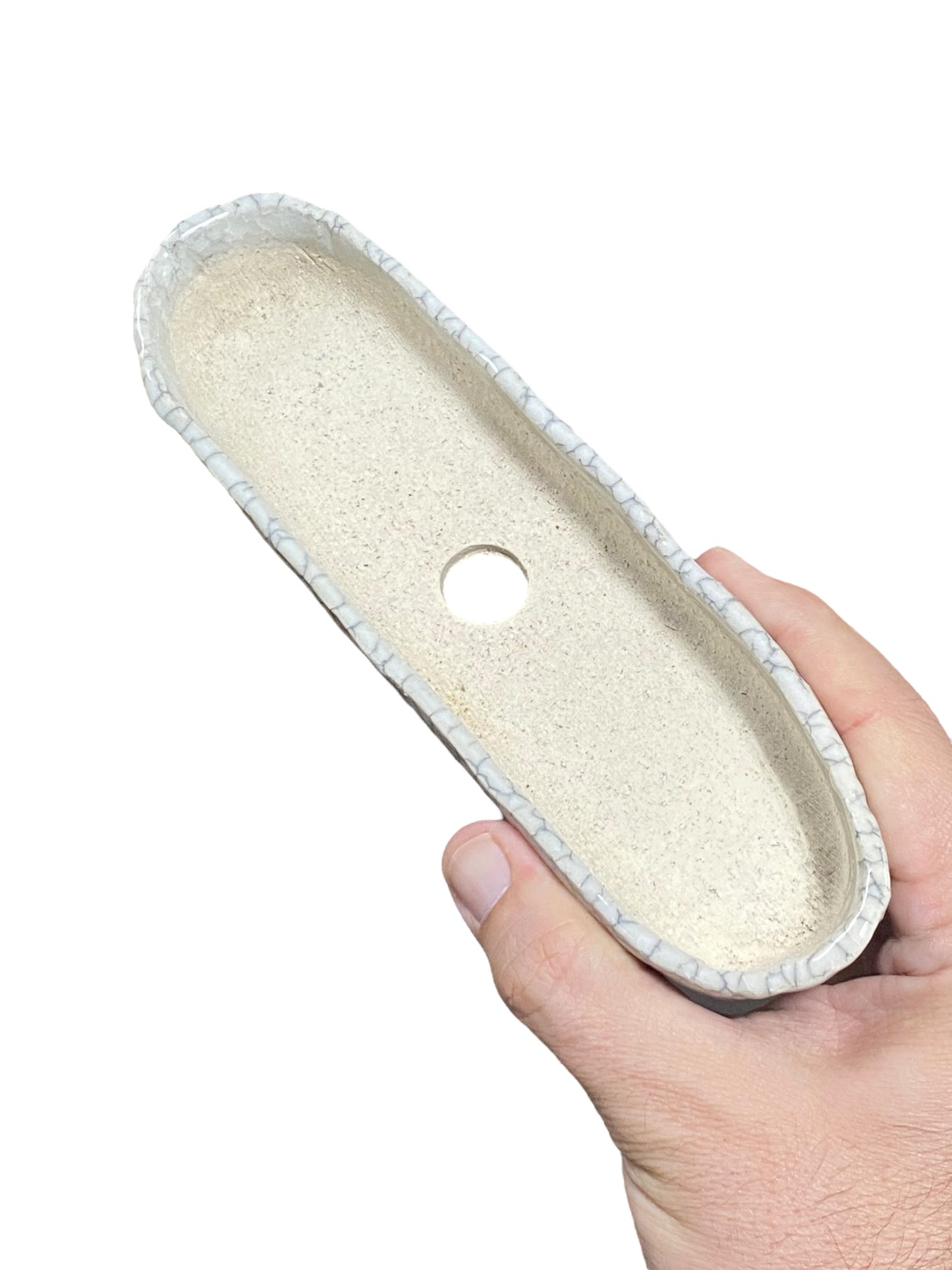 Shibakatsu - White Crackle Glazed Oval Style Bonsai Pot (8-1/8" wide)
