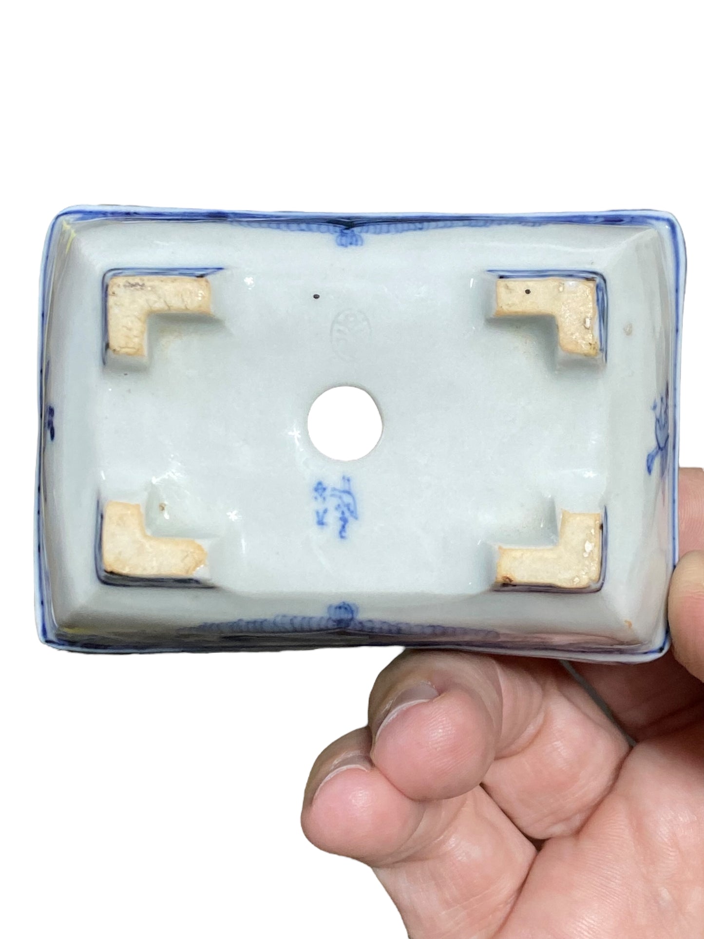 Kutani - Lovely Hand-Painted Footed Rectangle Bonsai Pot (3-1/2" wide)