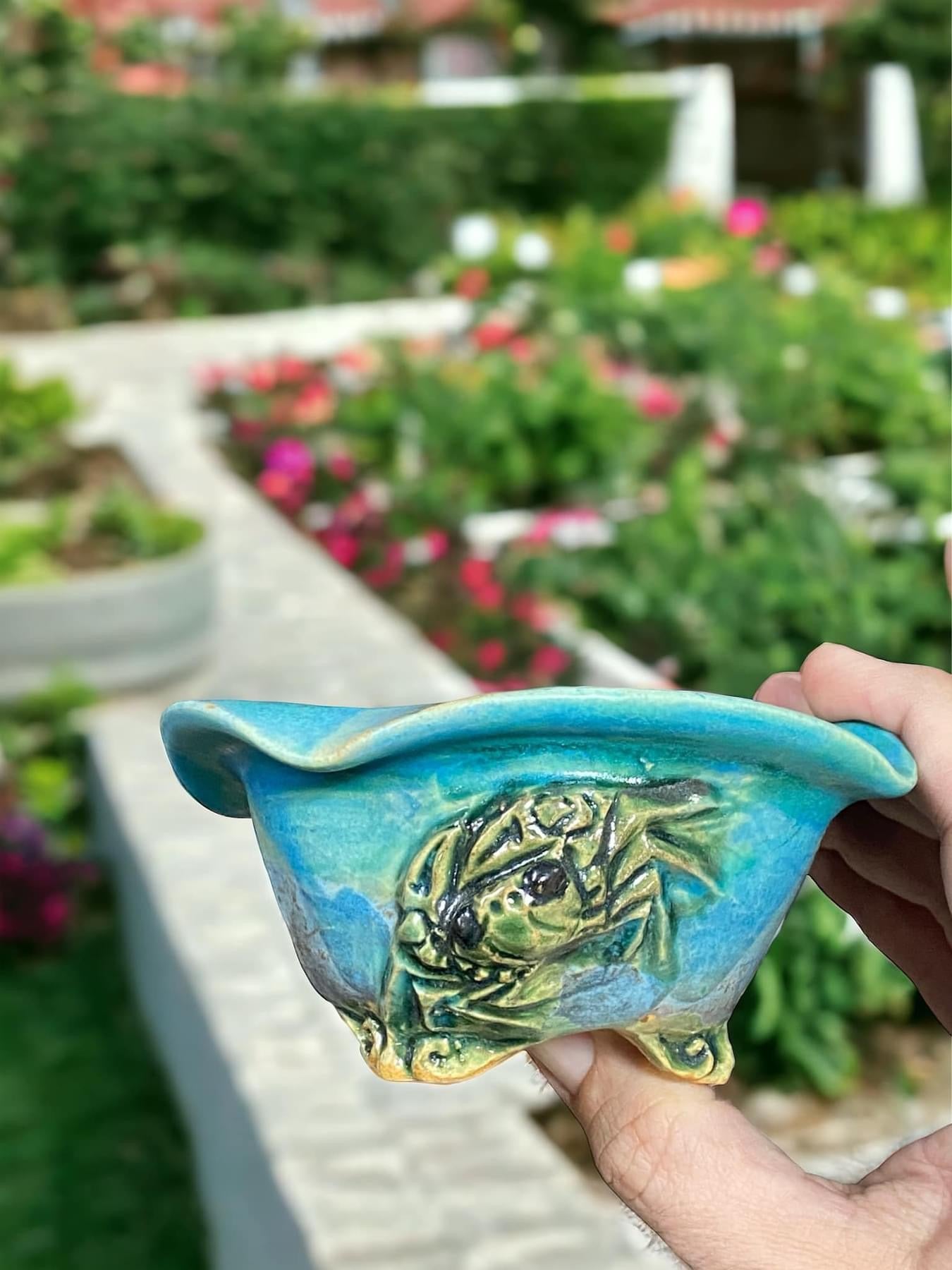 Masashi - Crab on a Glazed Bowl Bonsai or Accent Pot (4-7/8" wide)