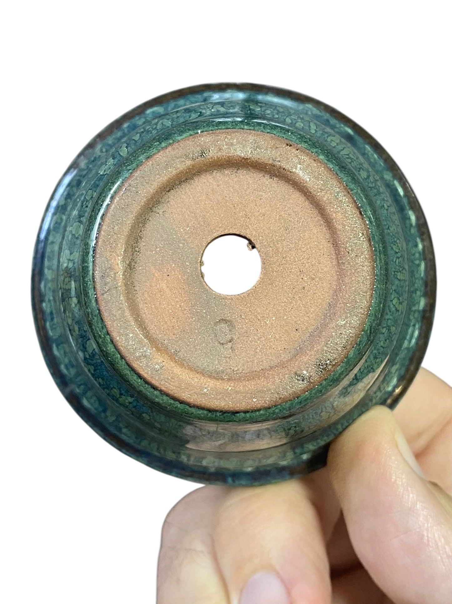 Japanese - Oribe Glazed Bowl Bonsai Pot (2-15/16” wide)