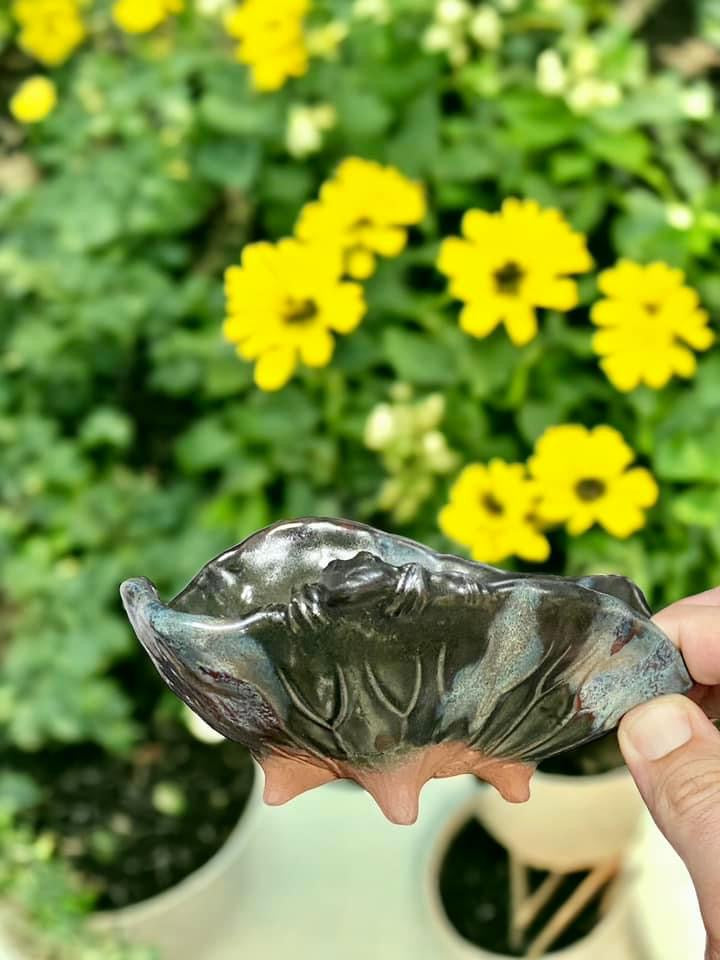 Masashi - Frog on a Floppy Bowl Bonsai or Accent Pot (6-5/8" wide)