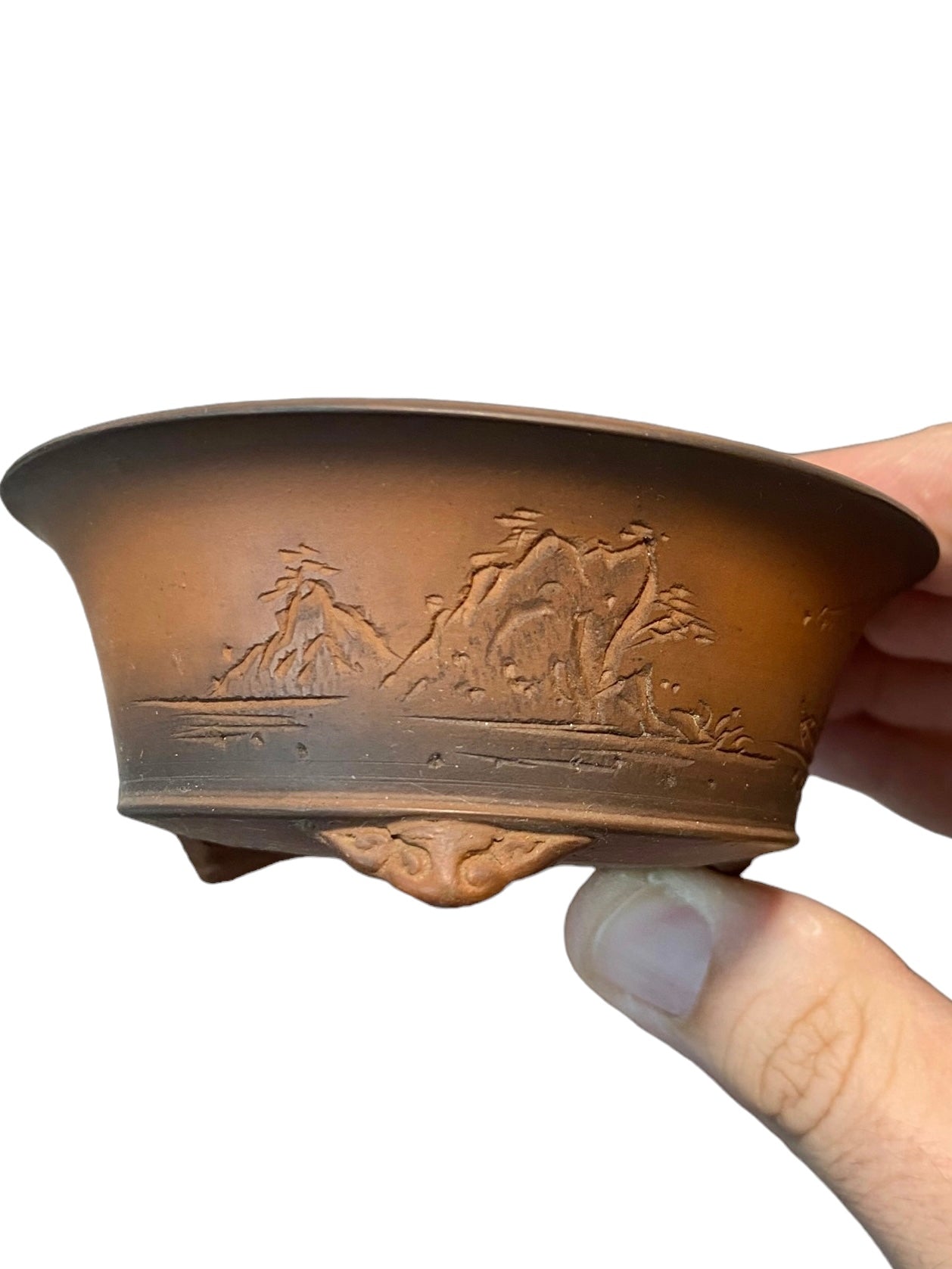 Bigei - Relief Carved Drum Style Bonsai or Accent Pot (3-3/4" wide)