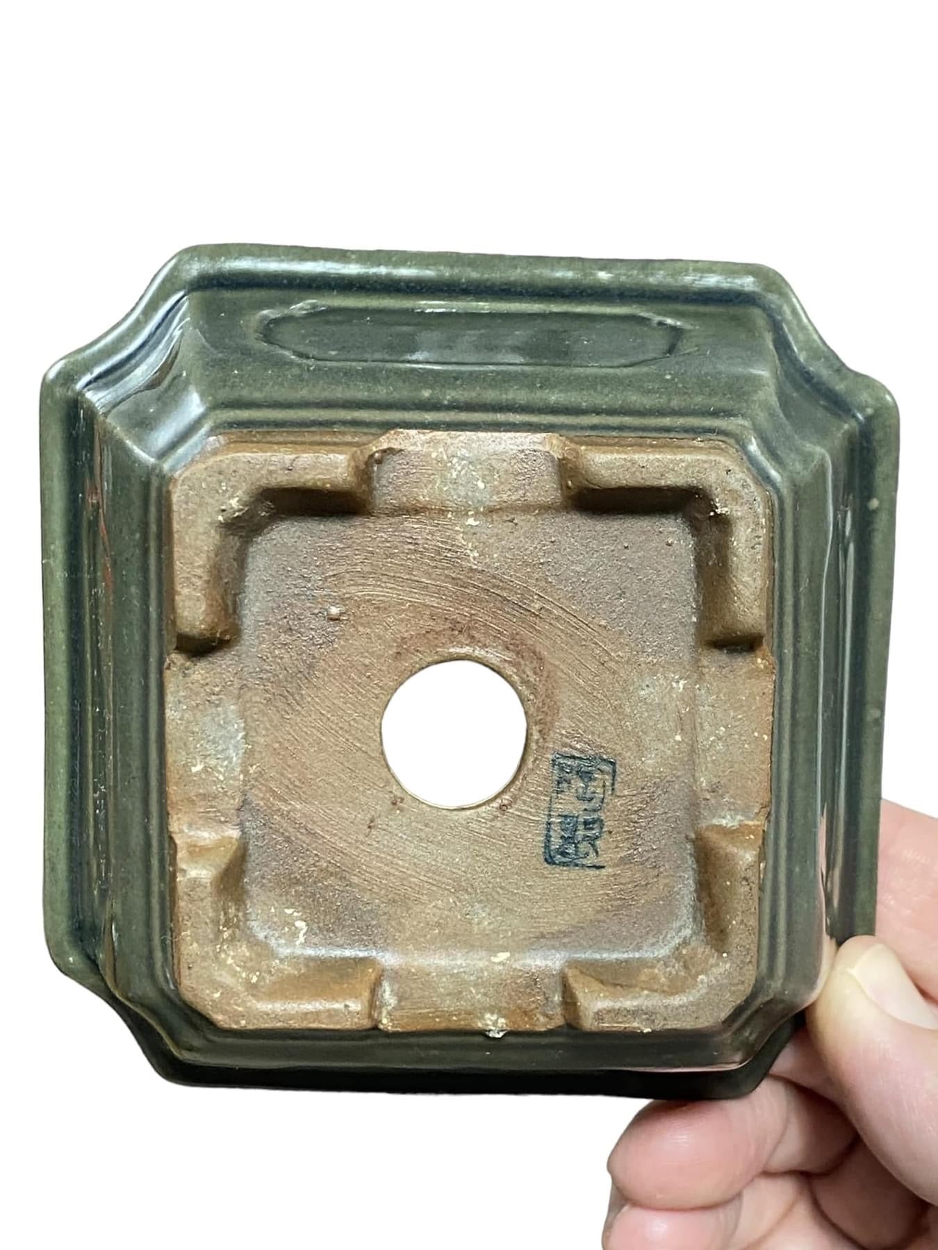 Tosui - Aged Glazed Mokko Style Square Bonsai Pot (4-1/8" wide)