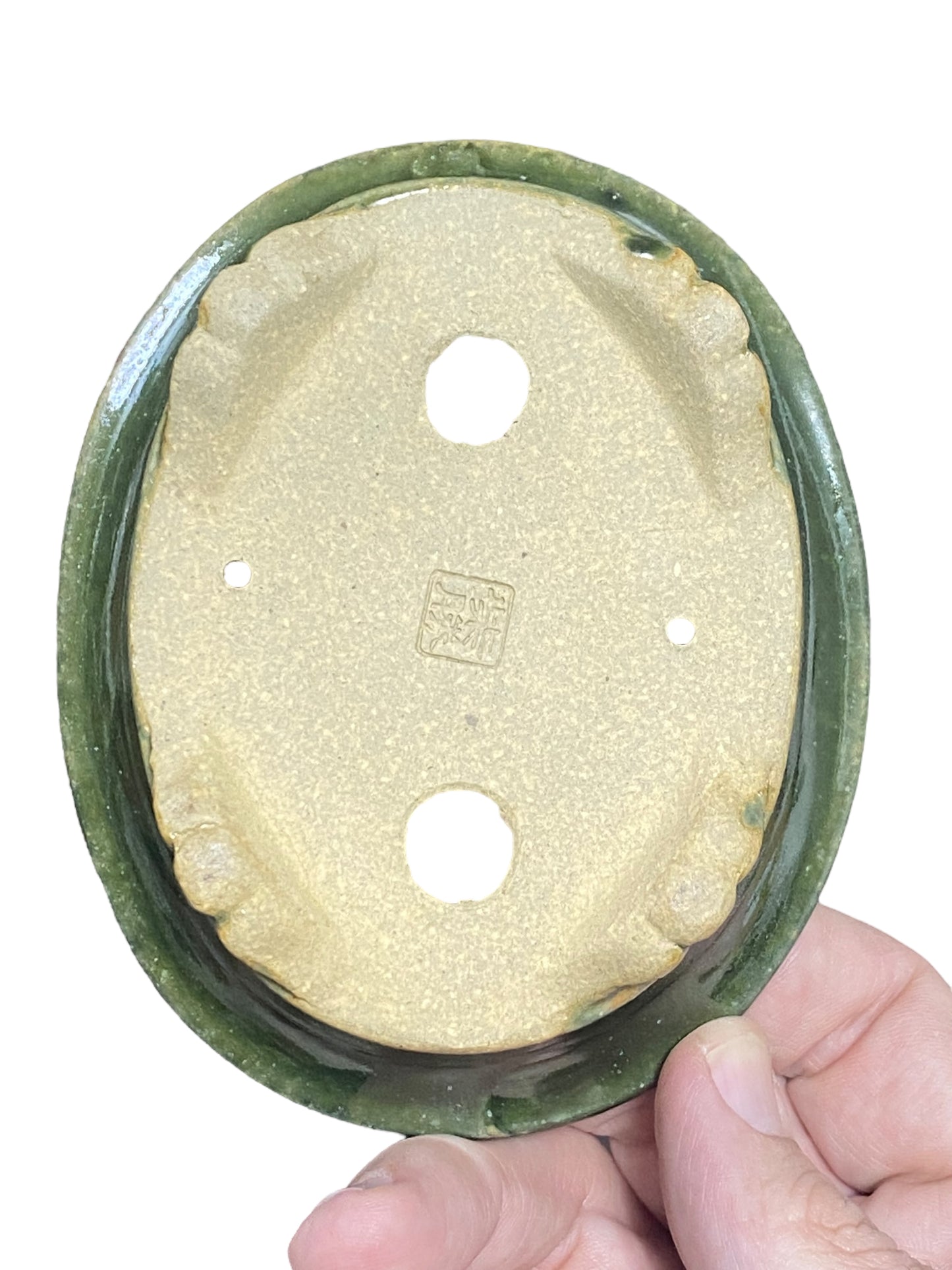 Shibakatsu - Rich Green Glazed Footed Oval Style Bonsai Pot (4-7/8" wide)