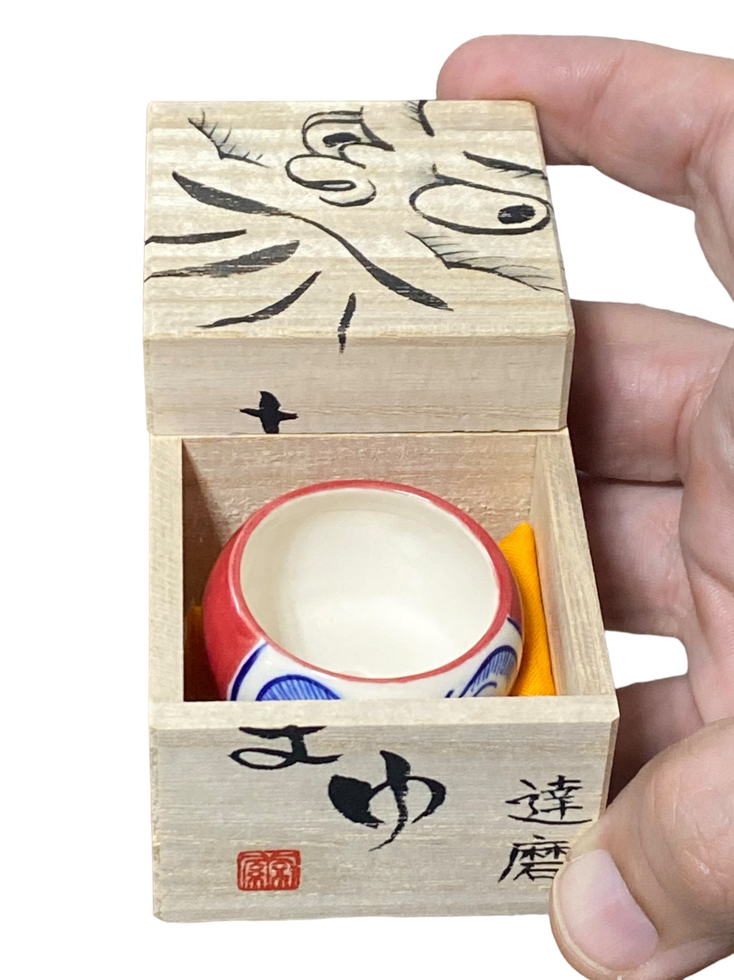 Oshima Mayu - Painted Daruma Mame Bonsai Pot with Cloth and Box (1-3/4" wide)