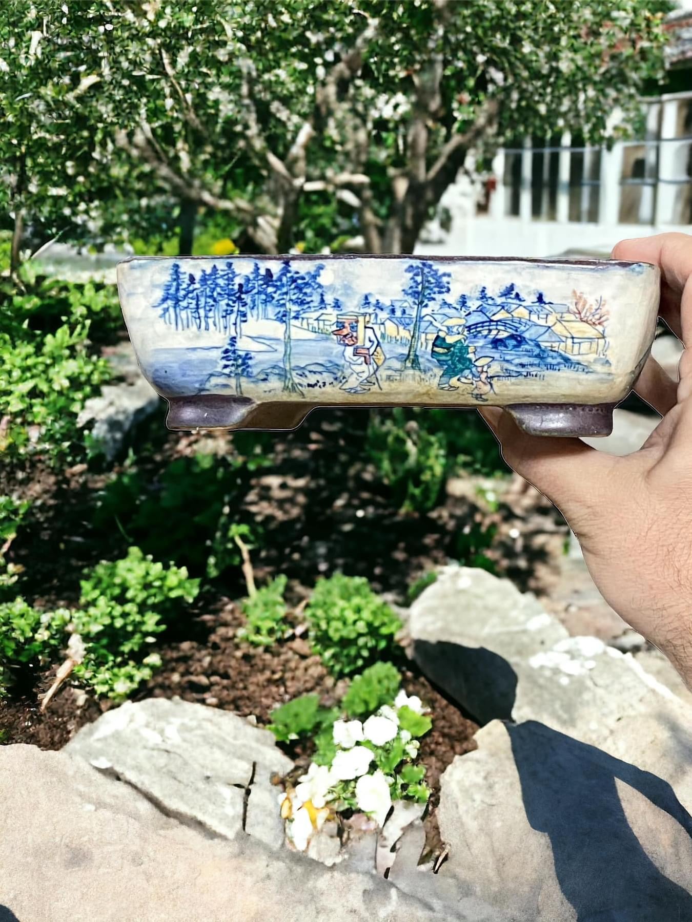 Tosui - Old Beautiful Painted Bonsai Pot (7-3/8" wide)