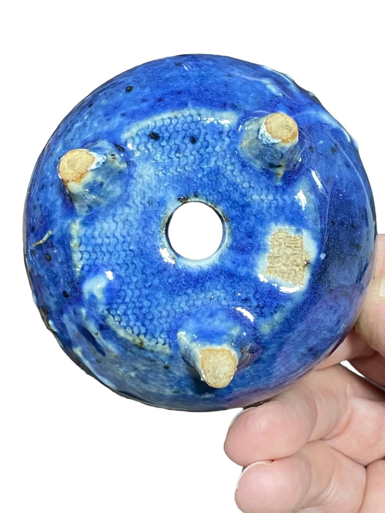 Heian Kosen - Blue Glazed Footed Round Bonsai Pot (3-3/16' wide)