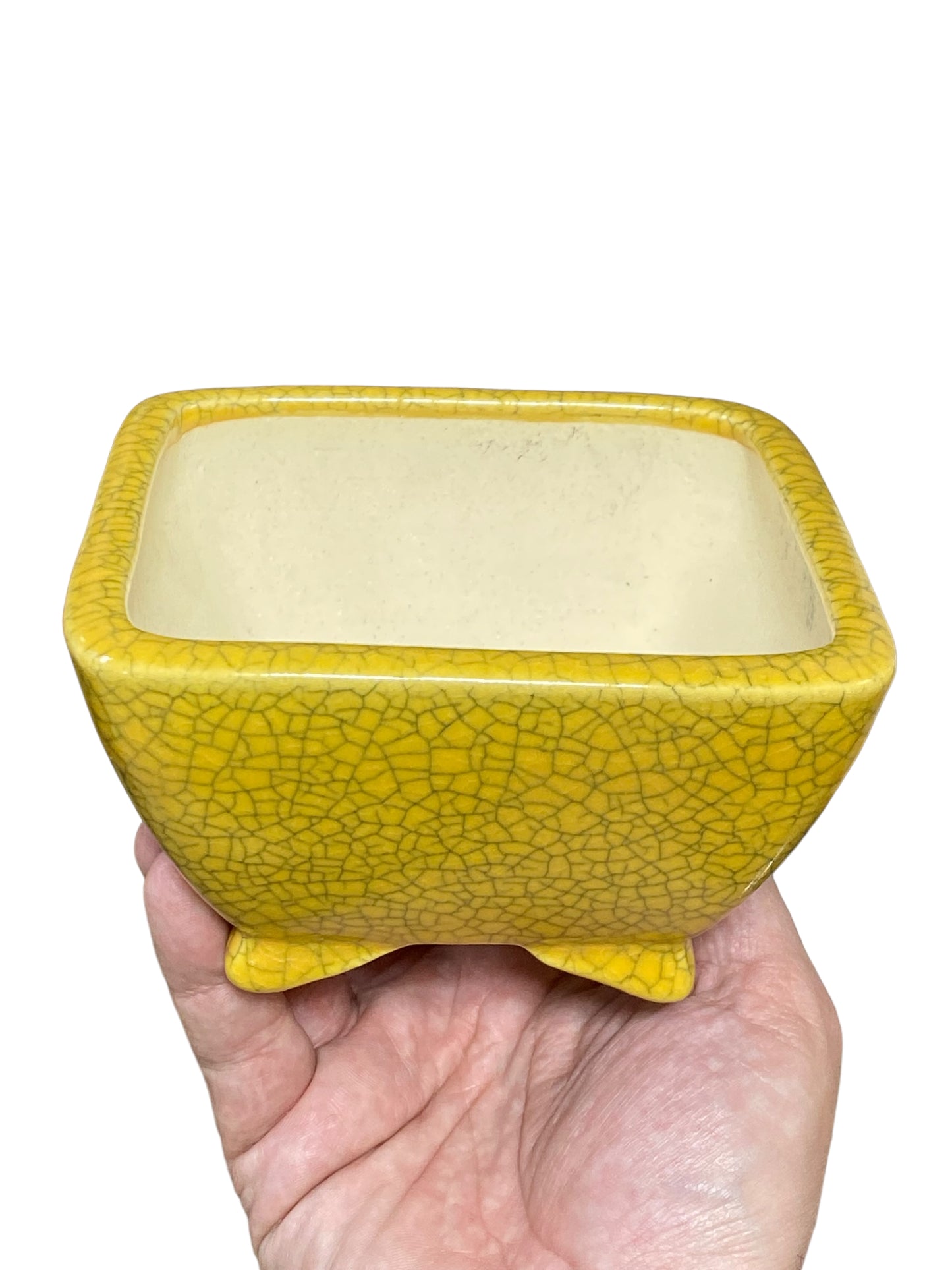 Koyo - Yellow Crackle Glazed Square Bonsai Pot