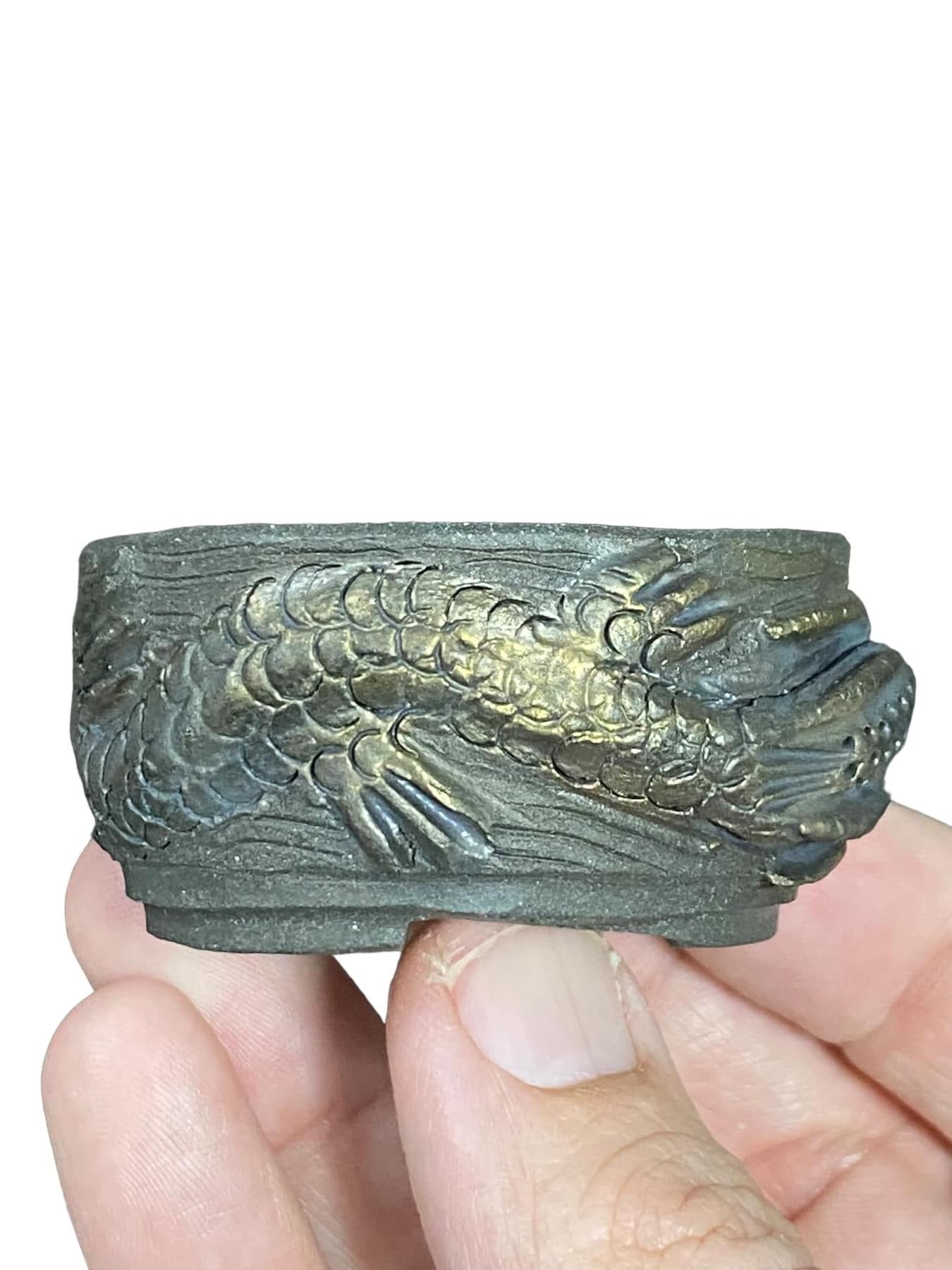 Takudo - Relief Carved Glazed Dragon Mame Bonsai or Accent Pot